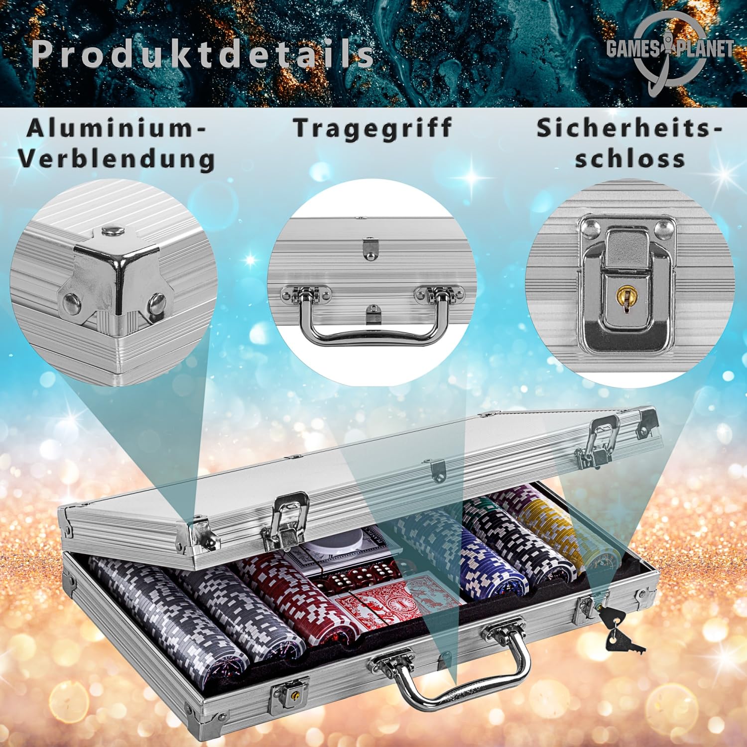 GAMES PLANET Pokerkoffer mit 300 Laser-Chips, Silver/Gold/Black Edition
