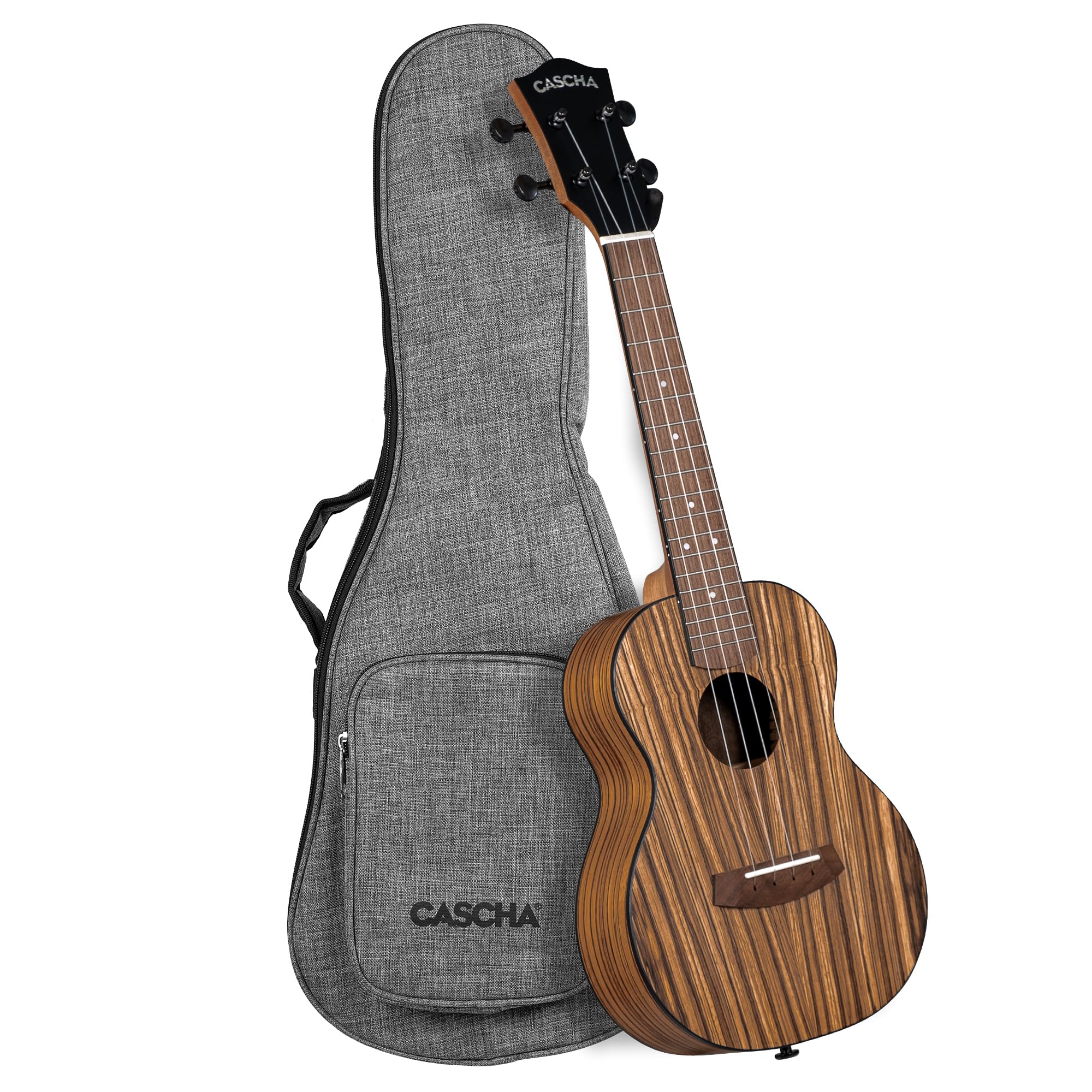 CASCHA Ukulele Zebra Wood – Hochwertiges Zebraholz, Warmer Klang, Okoume Hals, Walnuss Griffbrett, Matte Finish, Cascha Carbon Strings, inkl. Tragetasche - Concert