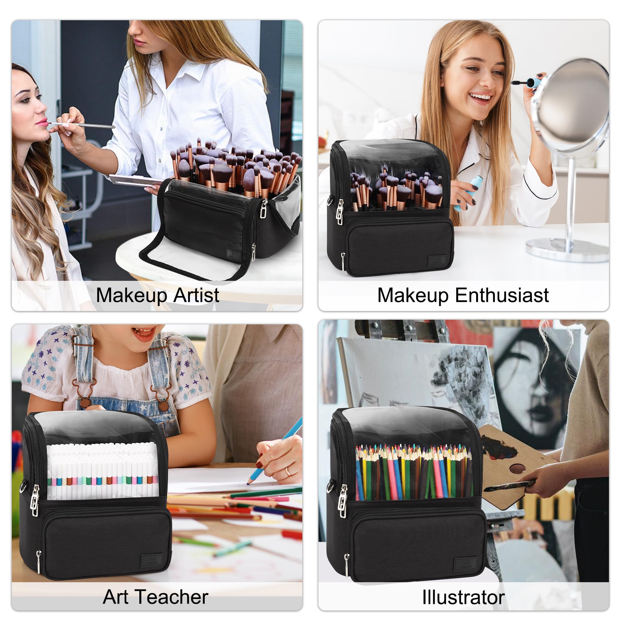 Neceser para pinceles de maquillaje extragrande, de pie y plegable, para viajes y uso doméstico, bolsa de almacenamiento profesional para artistas con separadores ajustables y correa de transporte