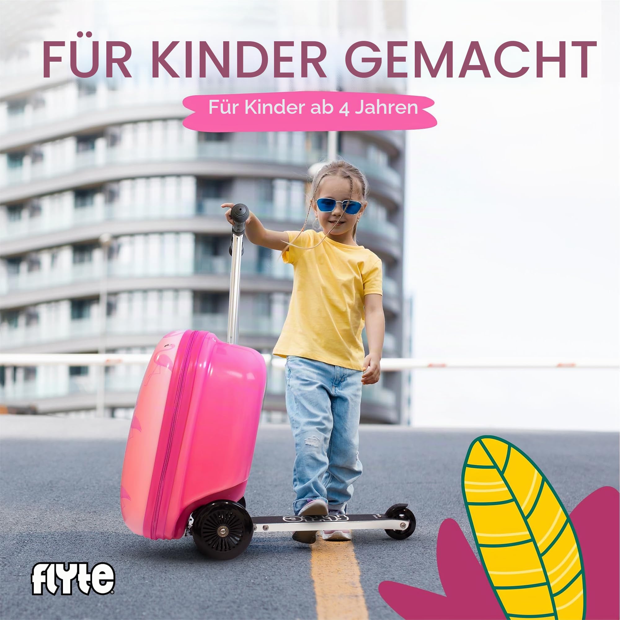 Flyte Scooter Koffer - 2-in-1, 45 cm Reisekoffer Kinder, 25 Liter Fassungsvermögen Kinderkoffer Handgepäck, Reisetasche Kinder mit Rollen, Hartschalenkoffer Kinderreisetasche