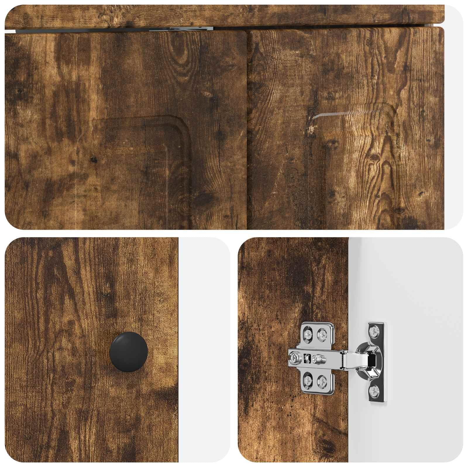 Mueble bajo lavabo 78,5 x 37,5 x 81 cm roble ahumado | Práctico mueble de baño de madera con dos puertas batientes y elegantes botones de metal negro.