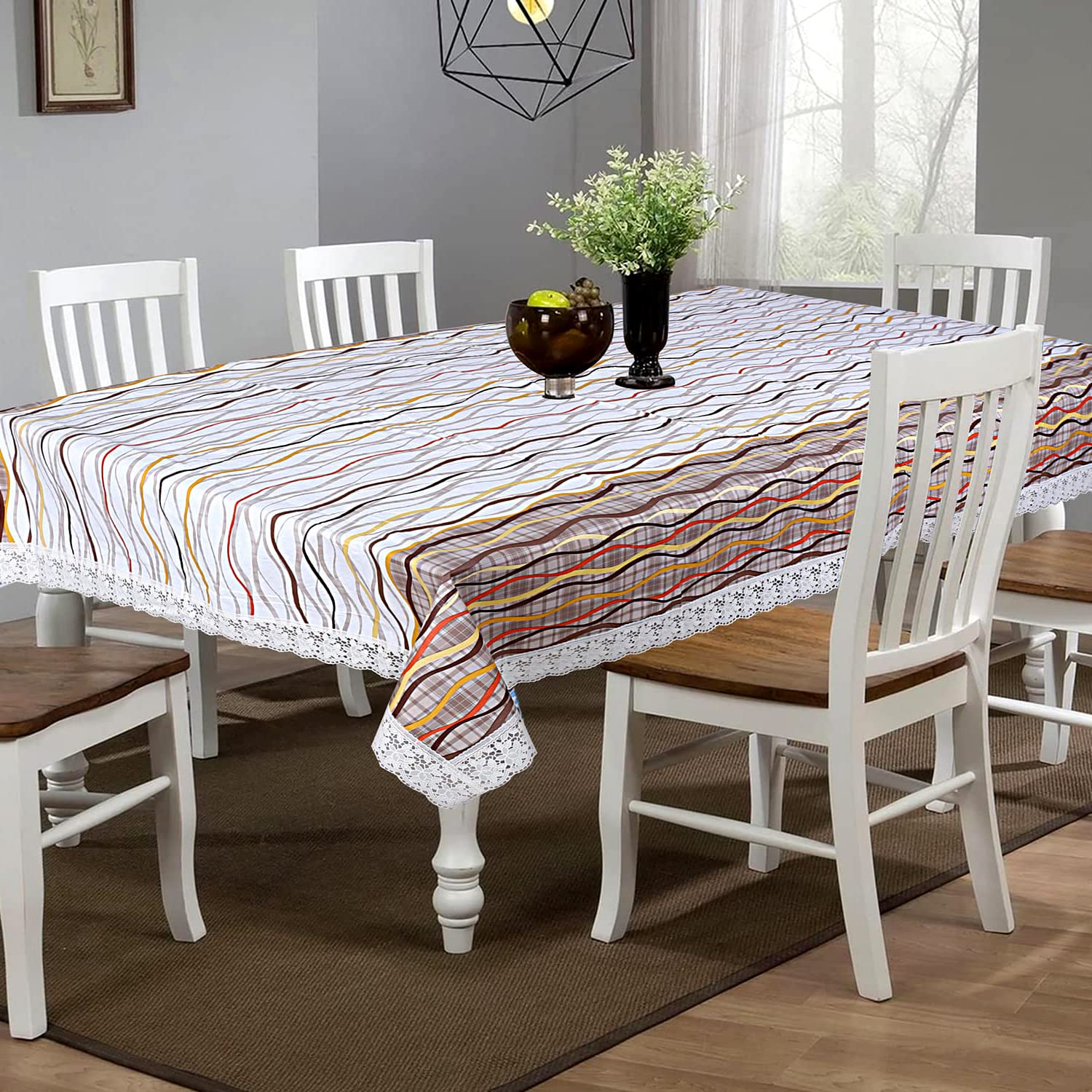 Kuber Industries Lining Design Print Dining Table Cover 6 Seater|Exclusive Table Cloth|Table Sheet For dining, Party, Events|Waterproof Table Protector|Indoor And Outdoor Use "90x60" (Beige)