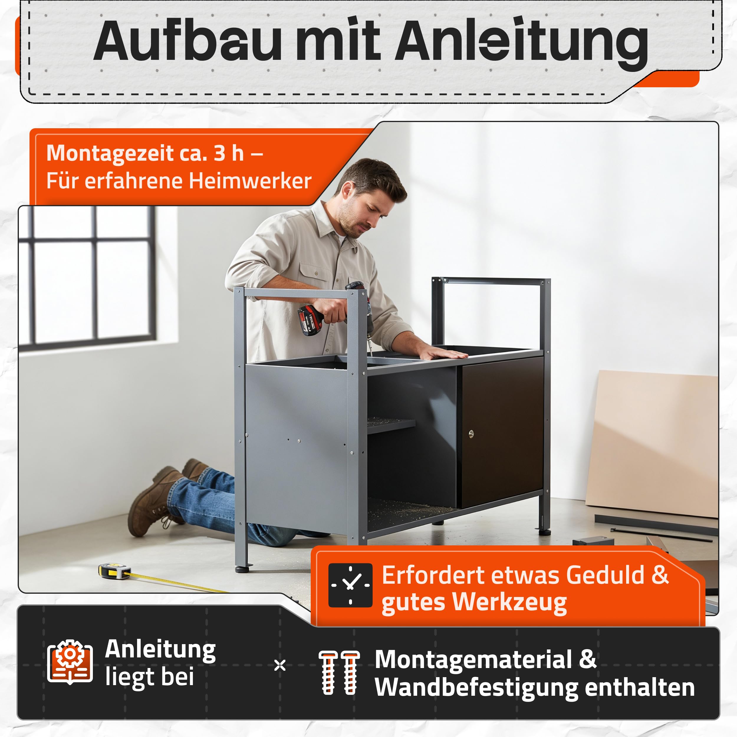 Ondis24 Werkstatteinrichtung Werkstatt Set Werkbank Fritz Hängeschrank Werkzeugwand Metall Schwarz Grau (Hängeschrank Ben & Tim, 240 cm), Buchenholzarbeitsplatte