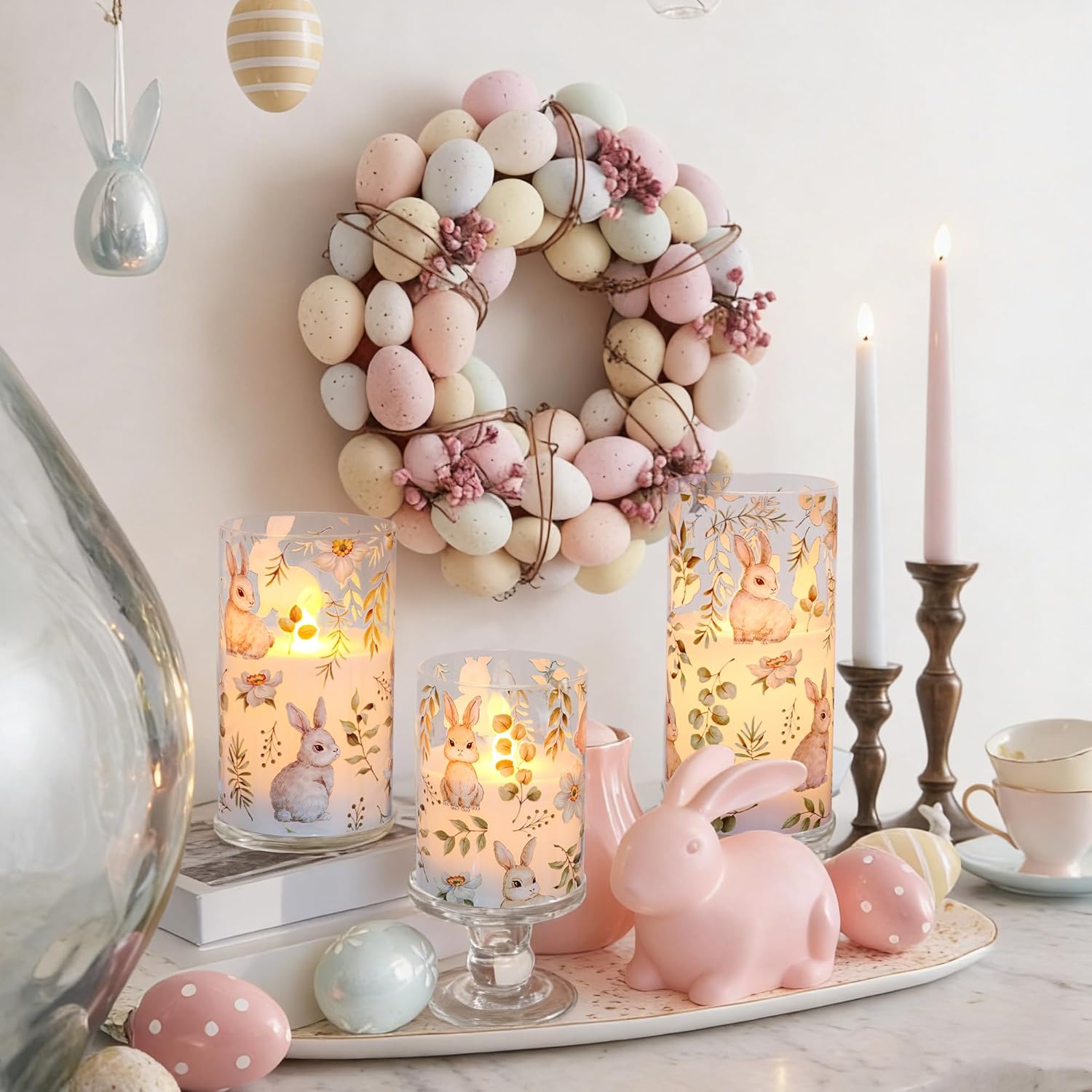 Easter Flameless Candles with Remote & Timer, Real Wax LED Candles with Glass Sleeve, Battery Operated Candles, Flickering Warm Glow for Easter Decor and Indoor Use, Set of 3