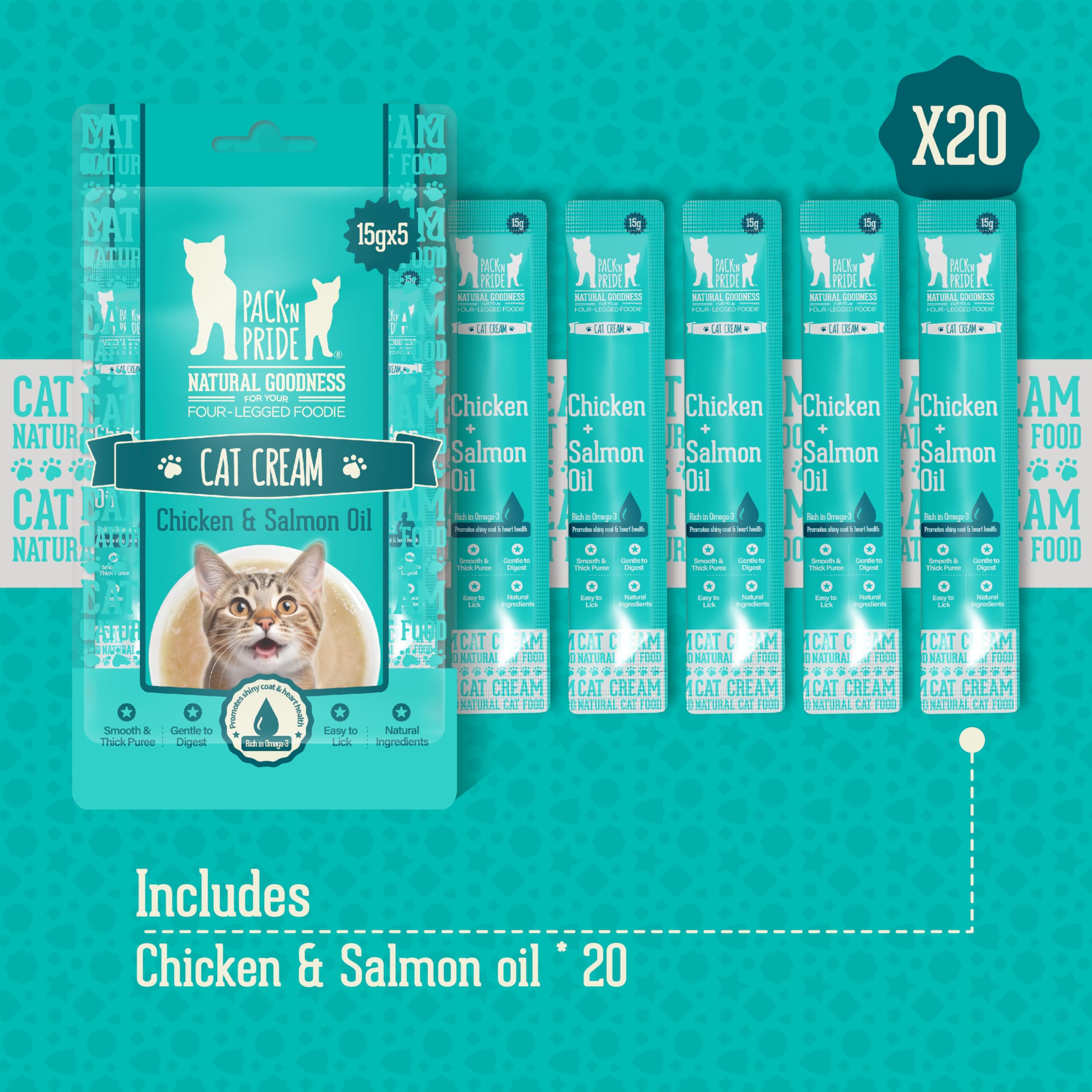 PACK’N PRIDE Cat Treats, 20 x 15g (300g Total) Creamy Cat Lick Sticks -Chicken&Salmon Oil Flavor, Rich in Omega-3 - Image 2