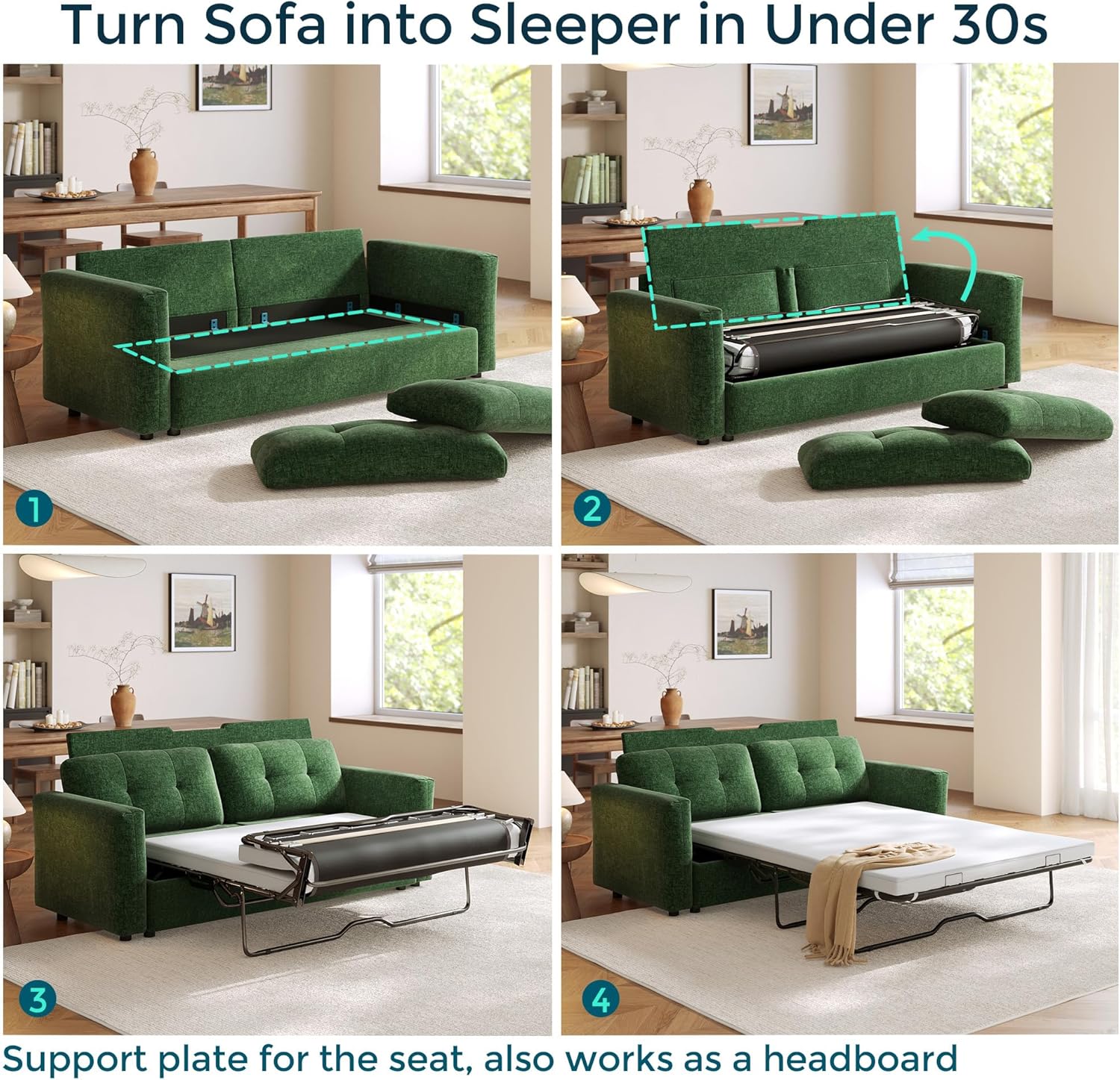 152" Oversized Sectional Sleeper Sofa with Pull Out Bed and Storage Chaise, Convertible Sofa Bed with Memory Foam Topper, Comfy U Shaped Modular Couches for Living Room Apartment Dorm Room, Green