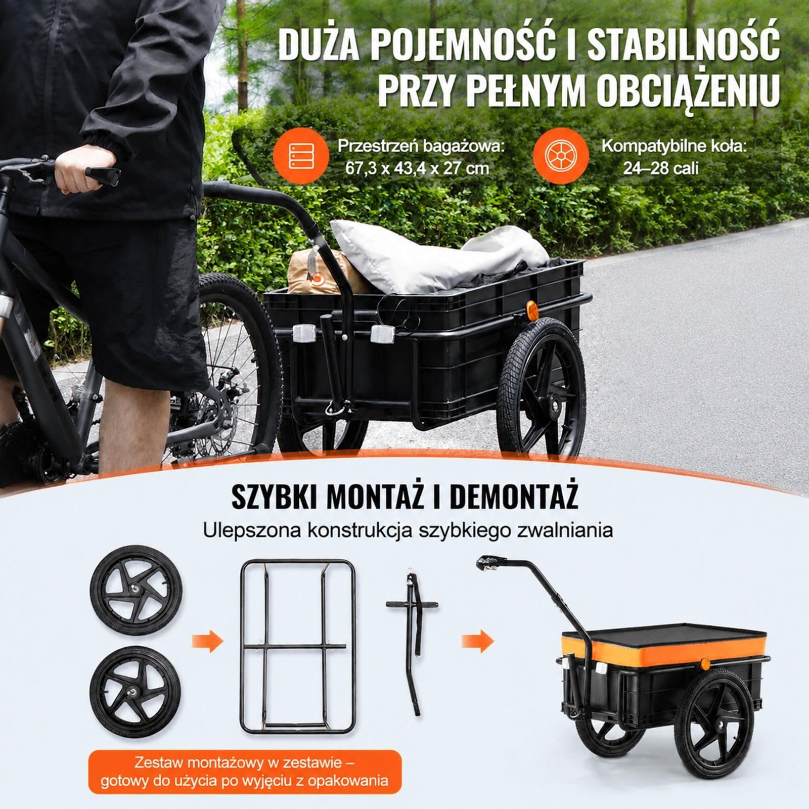 Przyczepka rowerowa bagażowa, udźwig 40 kg, składany wózek transportowy z uniwersalnym zaczepem do zakupów i kempingu