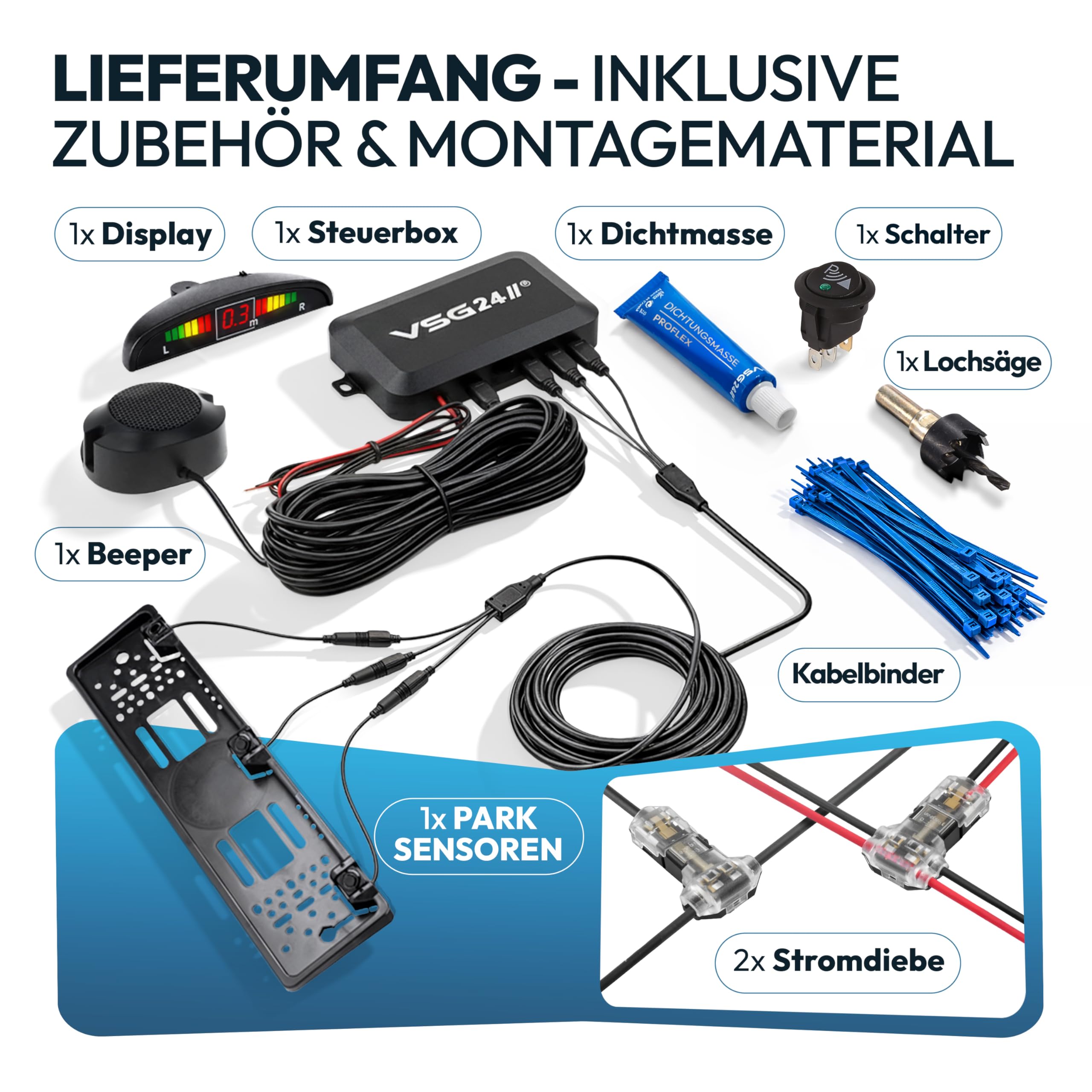 VSG24 Kennzeichen Einparkhilfe mit Display & Lautsprecher – robuste Parkhilfe vorne oder hinten mit 3 Sensoren – LED-Anzeige & akustischer Rückfahrwarner – 30–150 cm – 12V PDC Nachrüstset