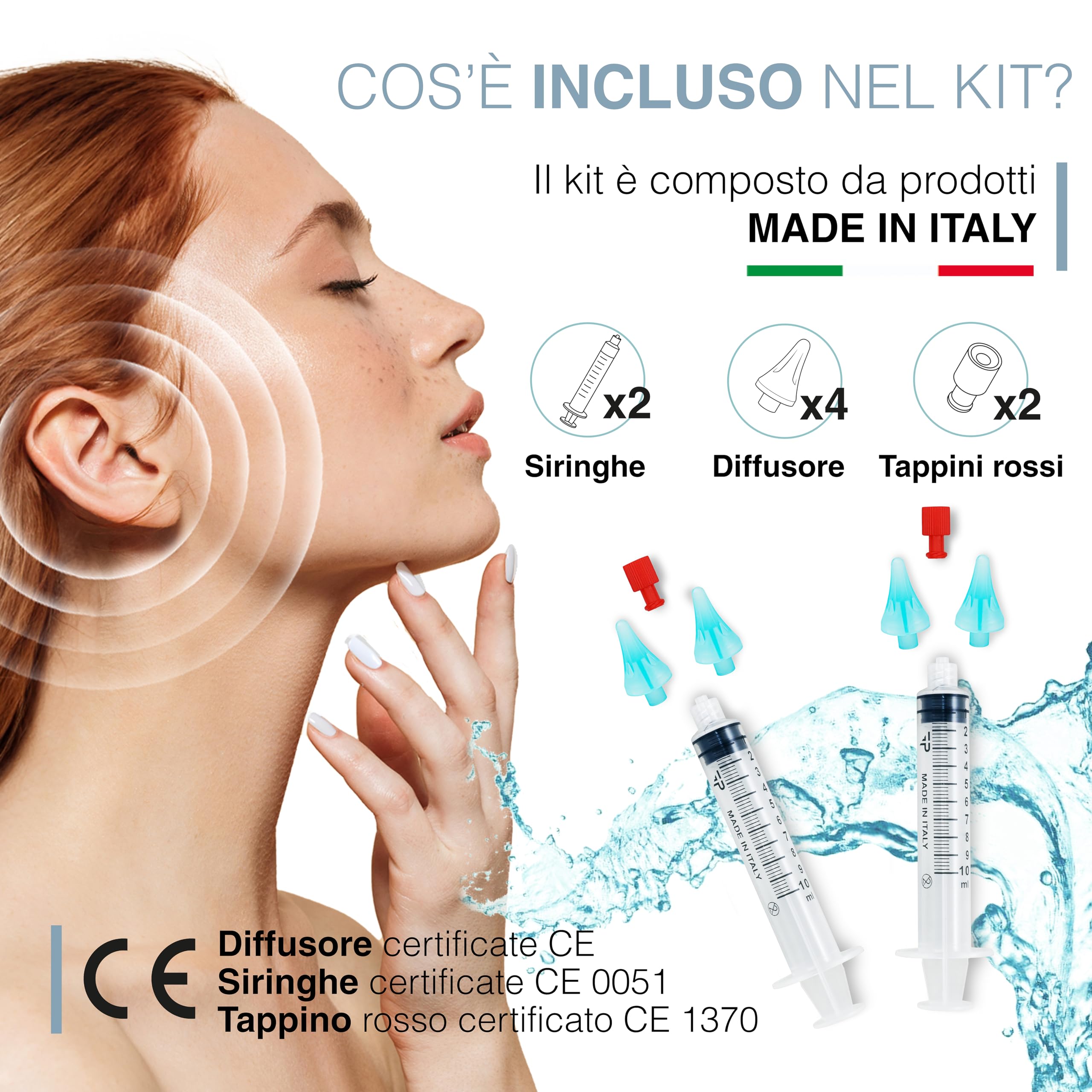 TRE PURI® Pulizia Orecchie per Adulti Made in Italy – Set Pulisci Orecchie – Kit Professionale Siringhe e Coni Orecchie Morbidi per Soluzione Fisiologica – Tappini e E-book OMAGGIO