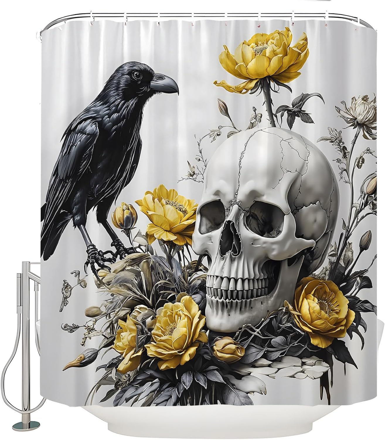 Skull Floral Shower Curtain Black Crow Halloween Gothic Skeleton Yellow Vintage Flower Horror Spooky Happy Holiday Decor Bathroom Curtain Set with Hook