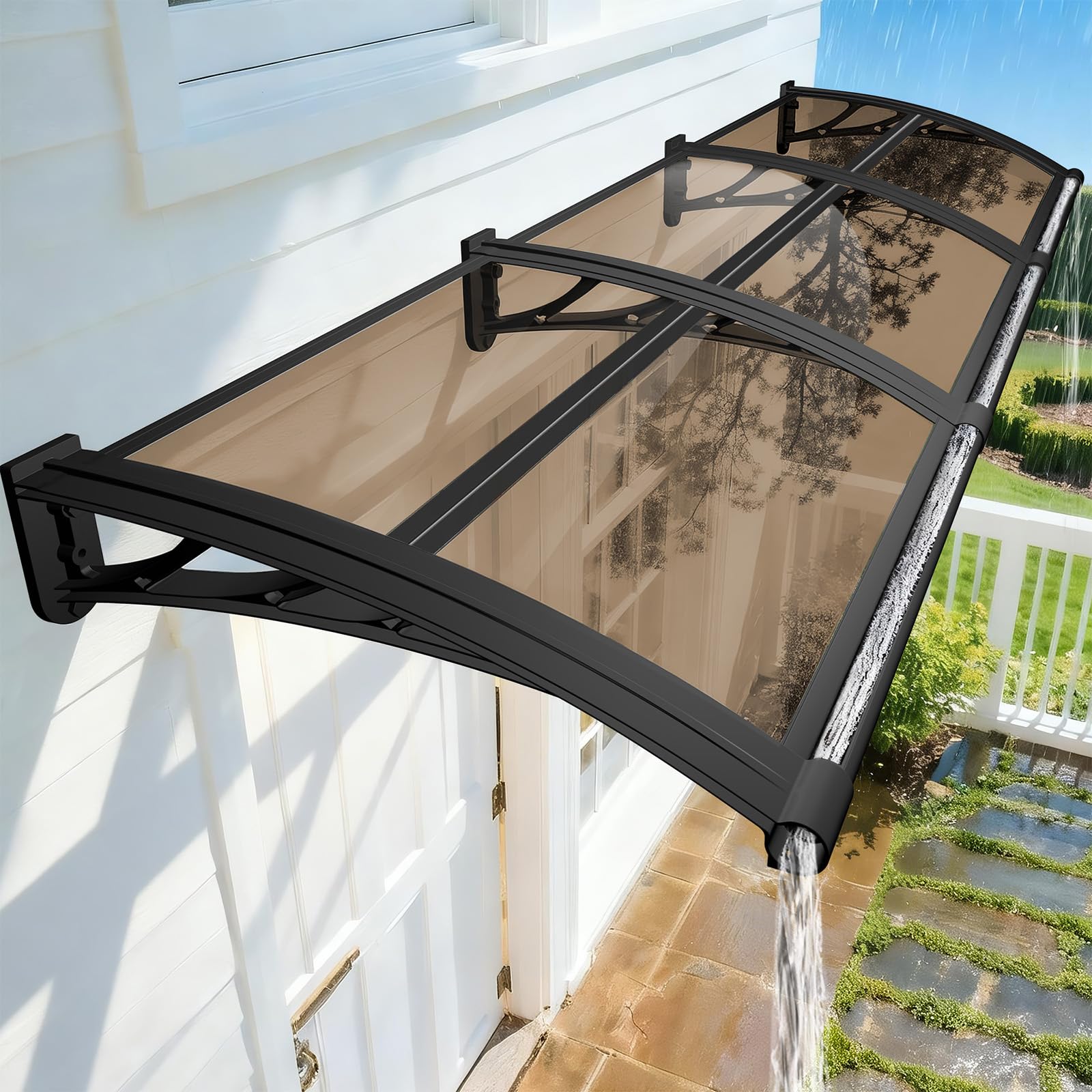 LWJSOCP 47”x39” Window Canopy Aw for Door Entrance with Drain Sink Brown Polycarbonate Overhang for Patio & Front Doors Weather-Resistant Outdoor Shelter