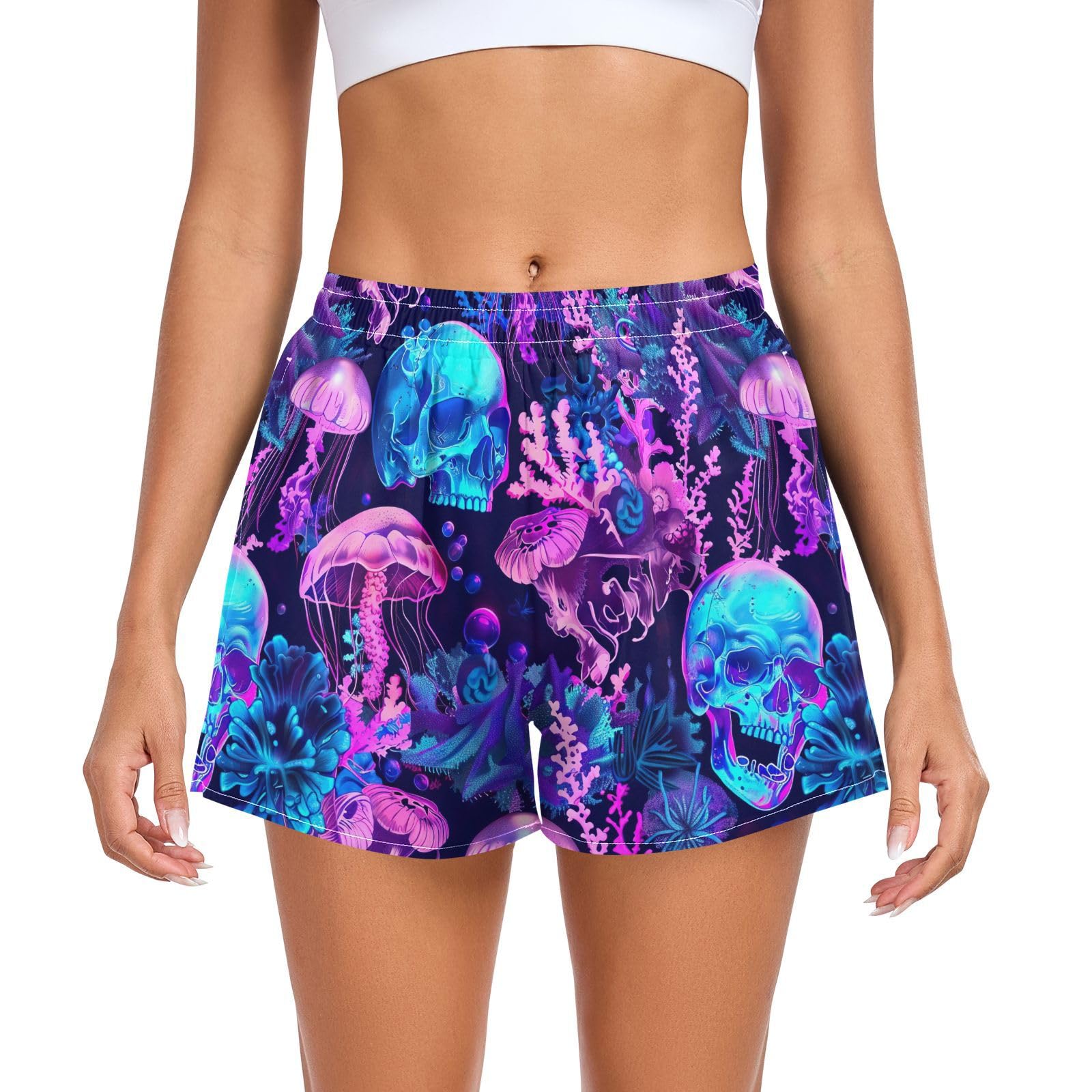 Women's Running Shorts Blue Skull Purple Jellyfish Women's Athletic Shorts with Pockets XL 202b5848