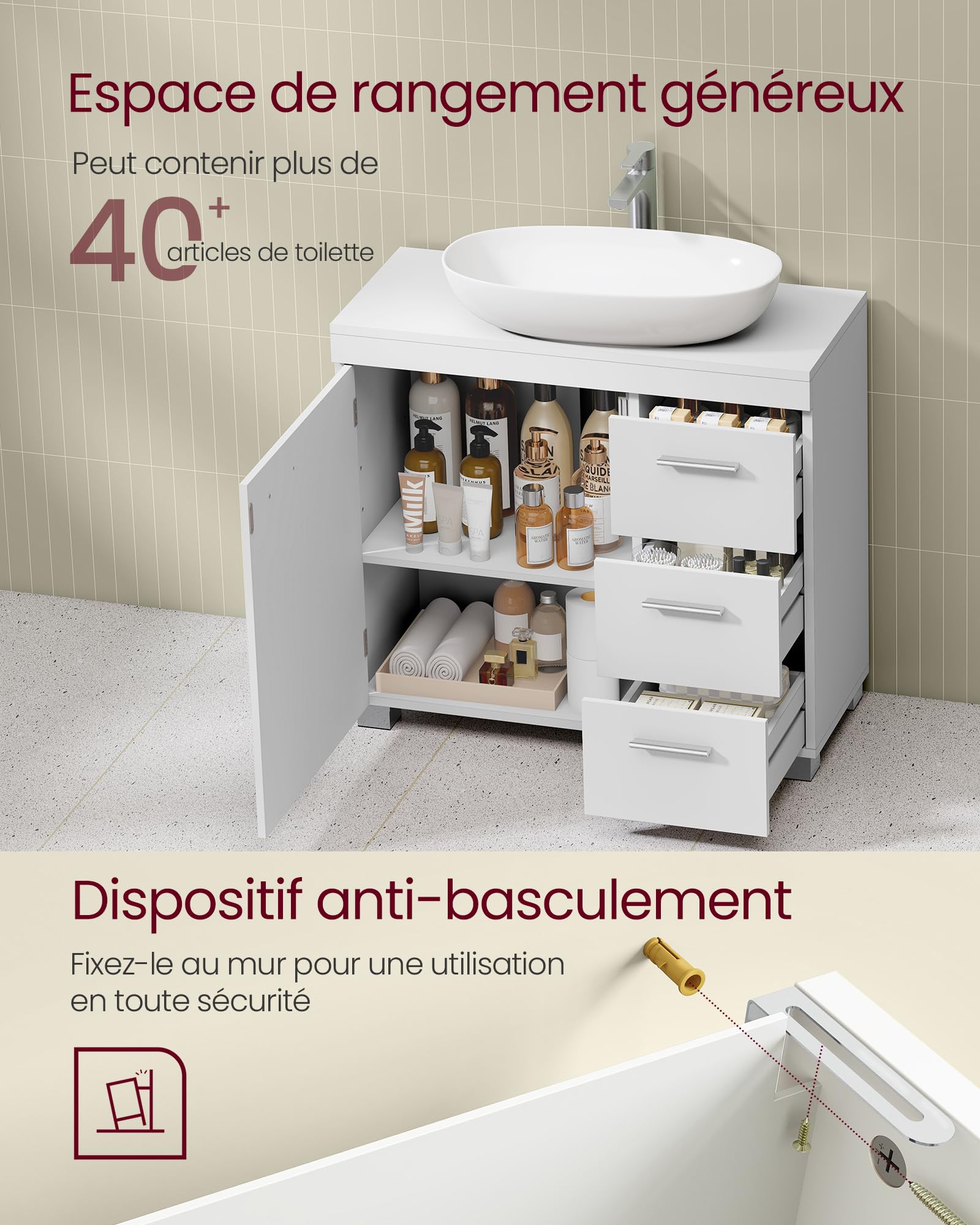 VASAGLE Meuble sous Lavabo, 3 Tiroirs Latéraux, 70 x 30 x 63,8 cm