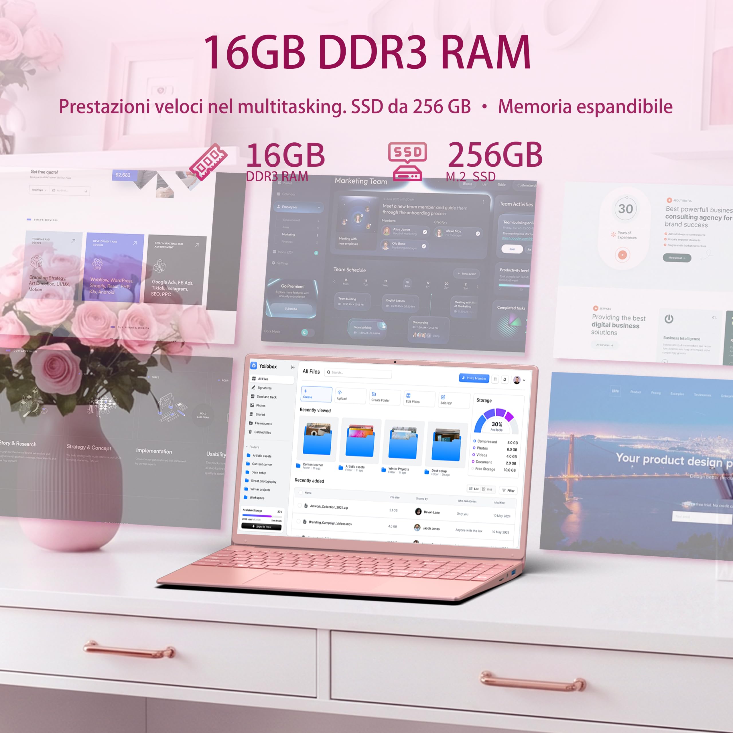 Amita Nuovo Notebook 2026 da 15.6 pollici con i3-6100U, 16GB, Lettore di impronte digitali, Tastiera retroilluminata, WiFi, BT5.0 Custodia Tastiera ITA, Rosa, ideale per Studenti e Business (GB, 256)