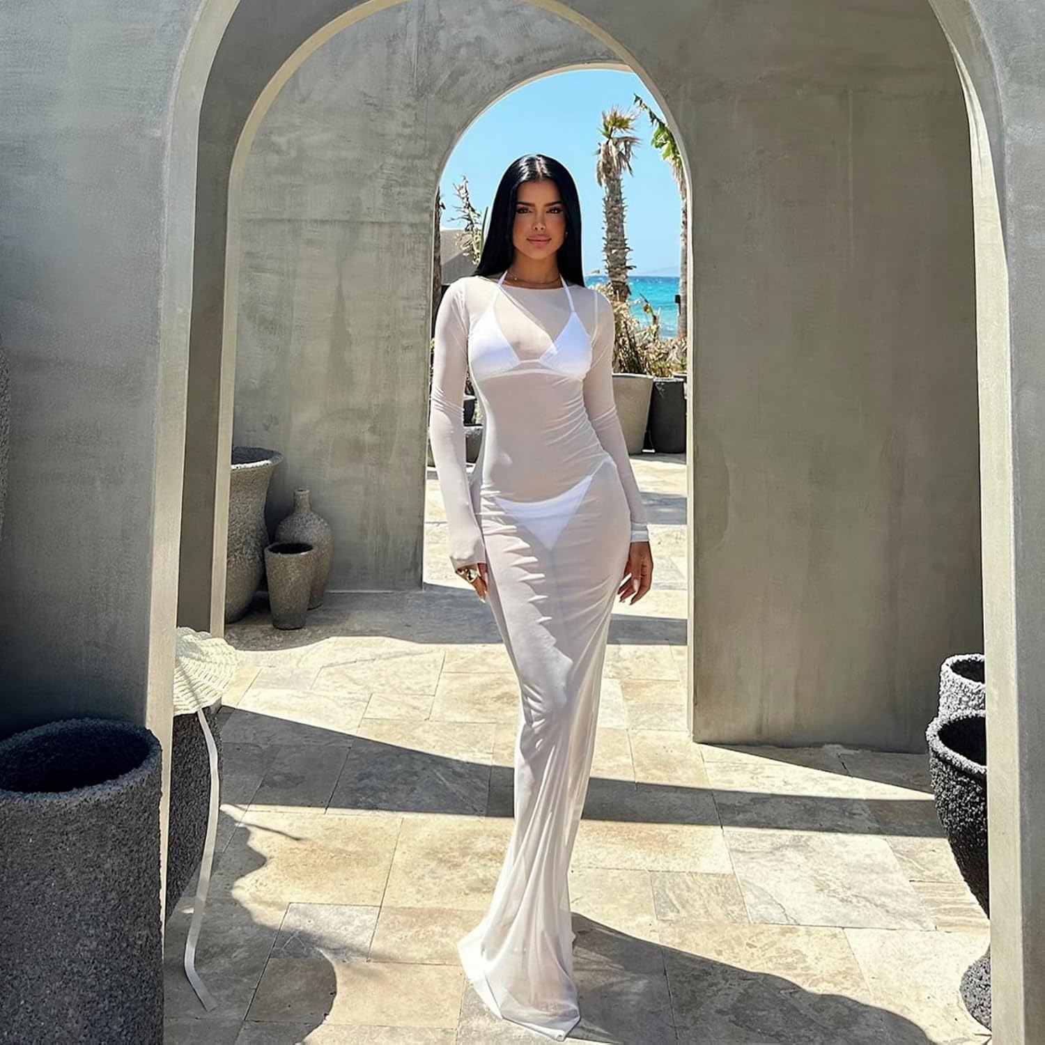 RARITYUS Women's Sexy See Through Long Sleeve Maxi Dress Swimwear Cover Up Mesh Sheer Beach Dress Bikini Coverups - Image 2