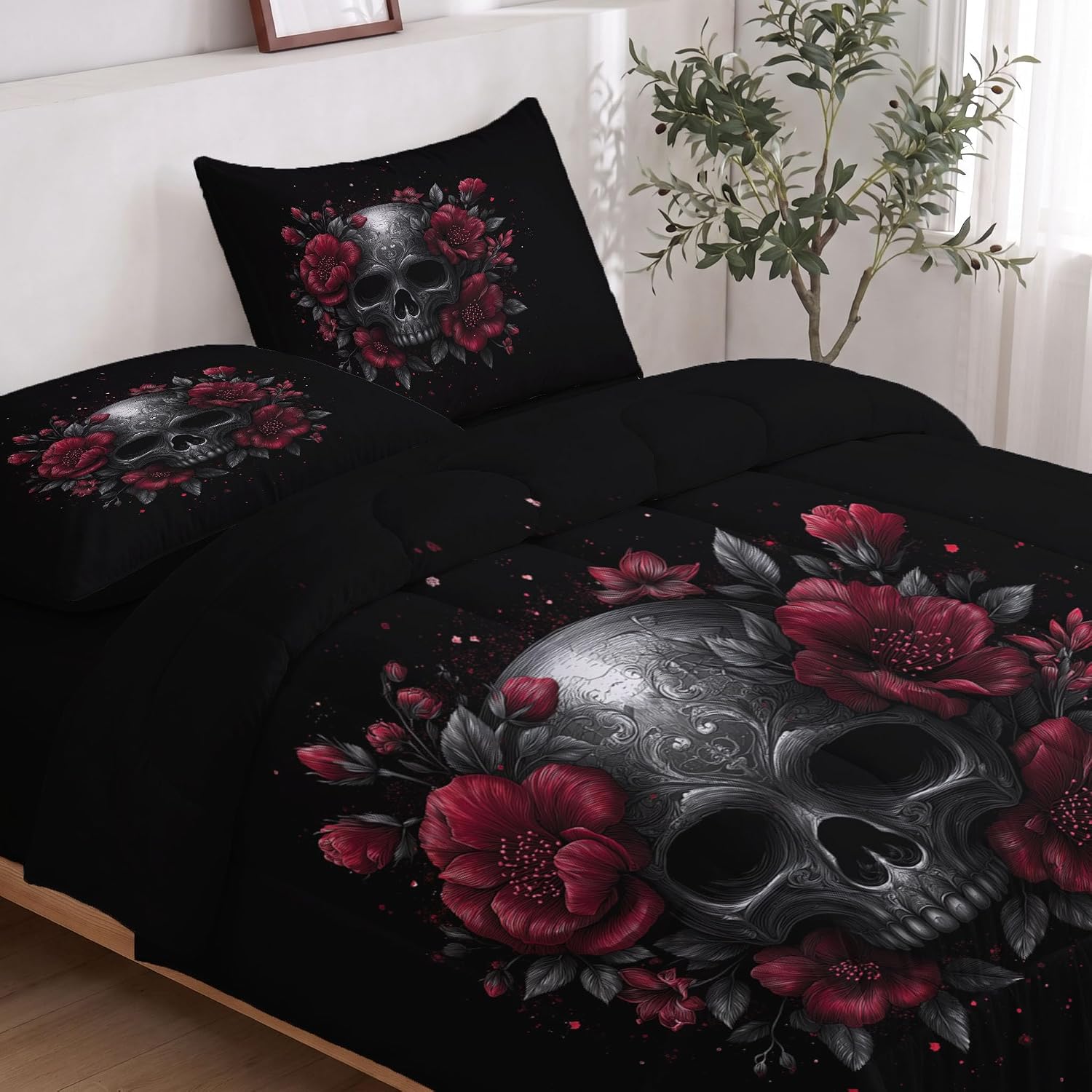 Dark Gothic Quilt King Size Dark Quilt Bedding Set | 3 Pieces Soft Lightweight Microfiber Wildflower Skull Bedspread Coverlet Set for All Season, 104"X90"