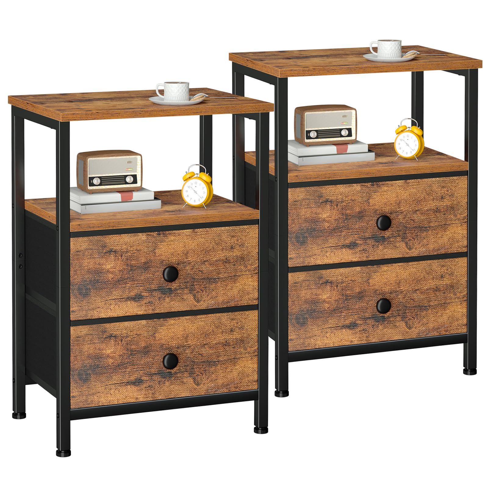 LOAKEKEL Bedside Table Set of 2, Side Table with 2 Fabric Drawers, Bedroom Bedside Cabinet with Open Storage Shelf, End Table, Nightstand for Living Room, Small Spaces, Rustic Brown UHETS002BR