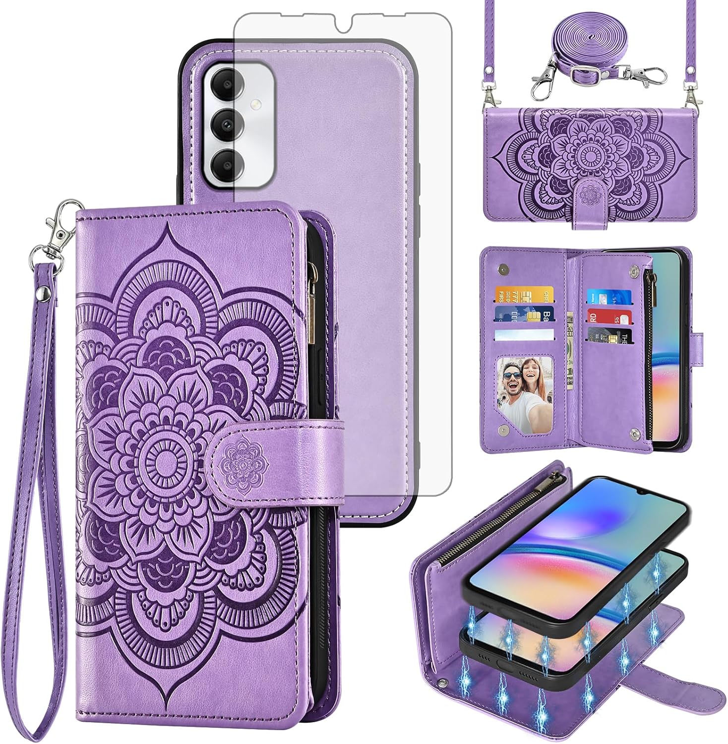 Asuwish Phone Case for Samsung Galaxy A05s/A05 Zipper Wallet Magnetic Detachable Cell Cover with Tempered Glass Screen Protector Crossbody Strap Flower Card Holder Ao5s Ao5 A 05s 05 Women Girls Purple