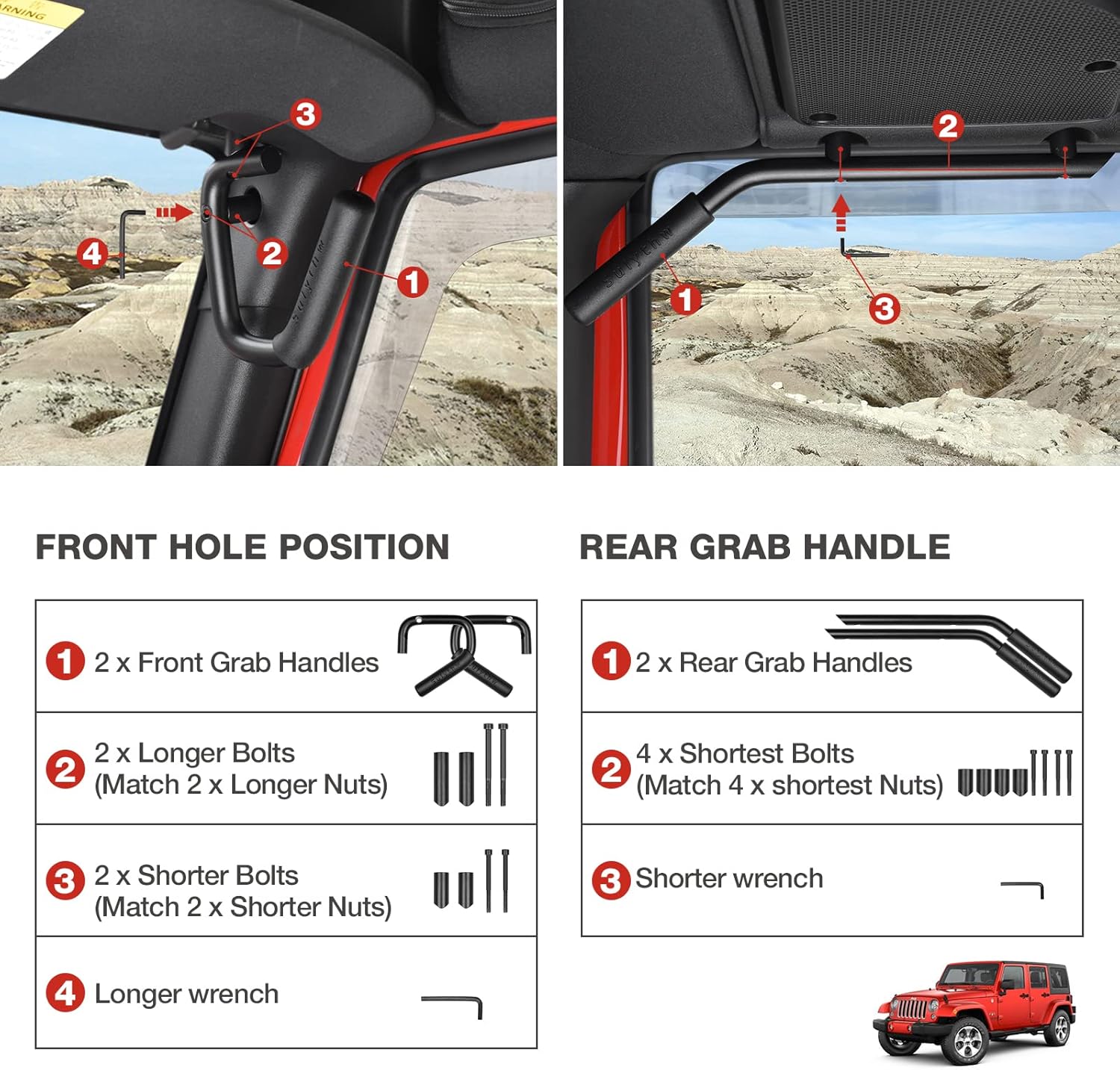 NO Block Sunvisor Front & Rear Jeep Grab Handles, Black Aluminum & Rubber Kit for 2007-2018 Jeep Wrangler JK JKU, 4 Door