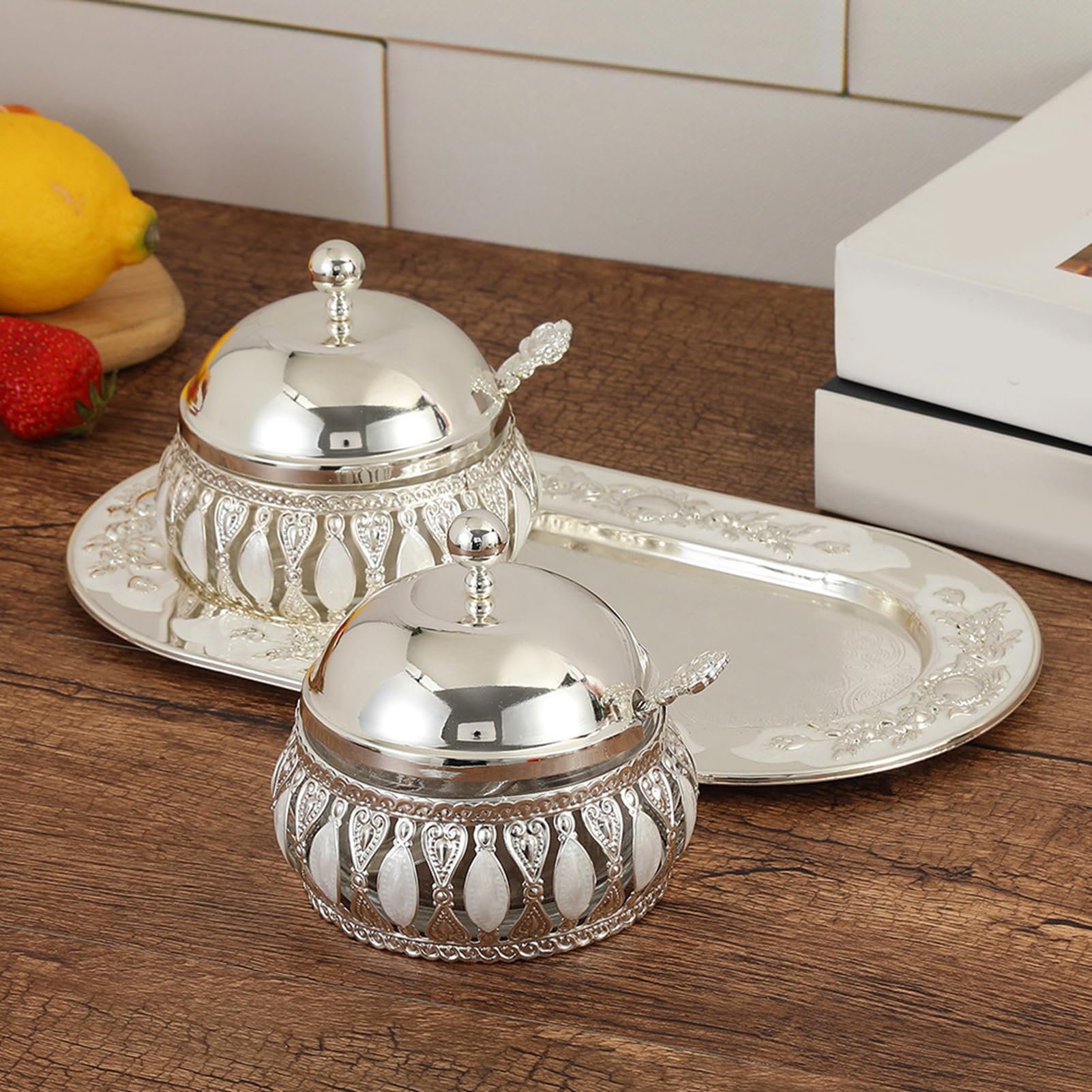 Juego de Azucarero con Diseño Elegante en Relieve, Solución de Almacenamiento Multiusos para Encimera de Cocina con 2 Tarros y Bandeja