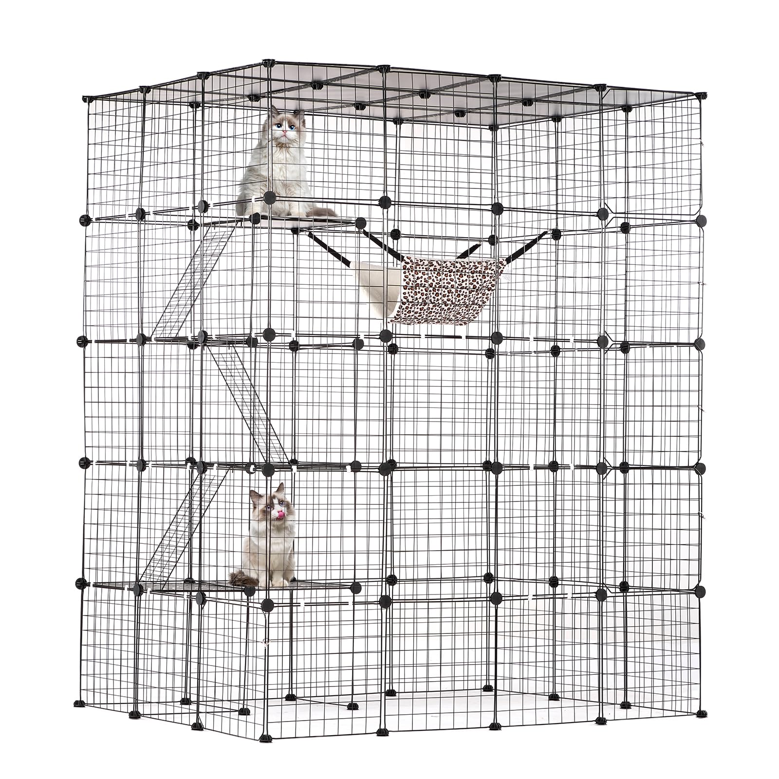 VEVOR Cage Chat 4 Niveaux, Enclos Chats Fil Métallique Modulable Amovible, 5 Portes, Échelles, Hamac, 1371x1041x1754 mm