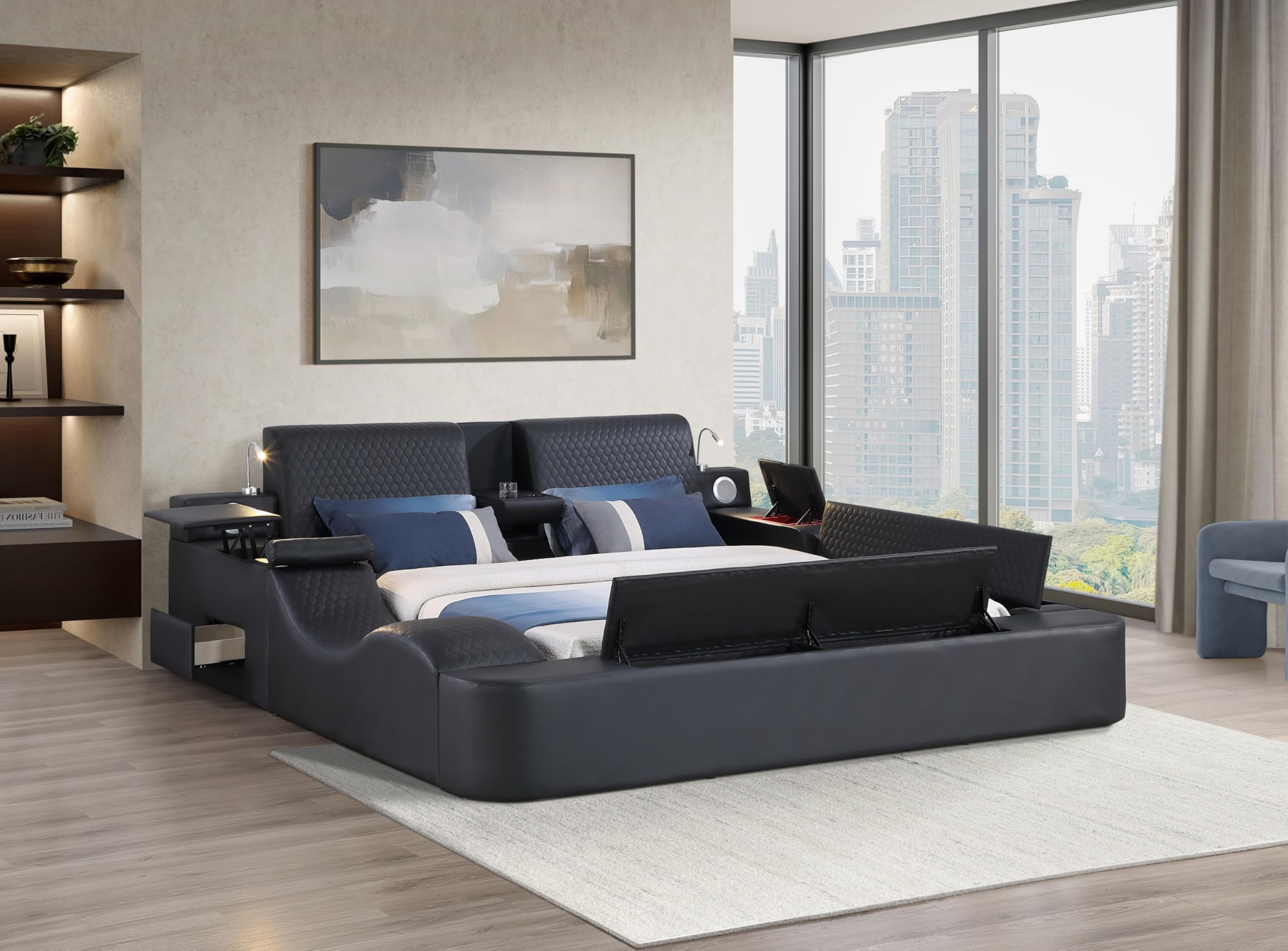 WAQINBR King Size Smart Bed, Multifunctional Leather Bed Frame with Massage Recliner/Upholstered Headboard/Music Speaker/USB Port/Storage Space,
