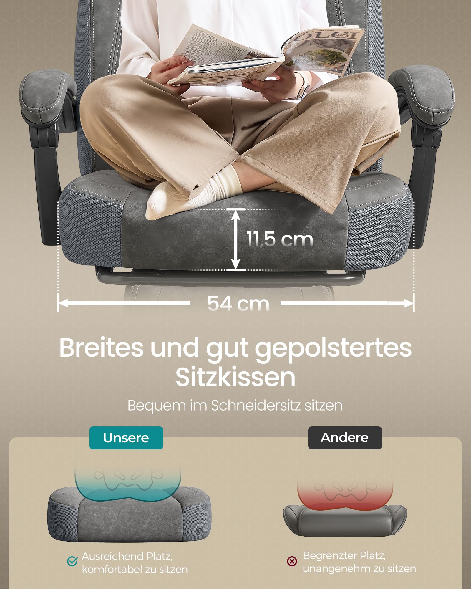 SONGMICS Gaming-Stuhl Bürostuhl ergonomisch Fußstütze Kopfkissen Lendenkissen 150 kg schiefergrau