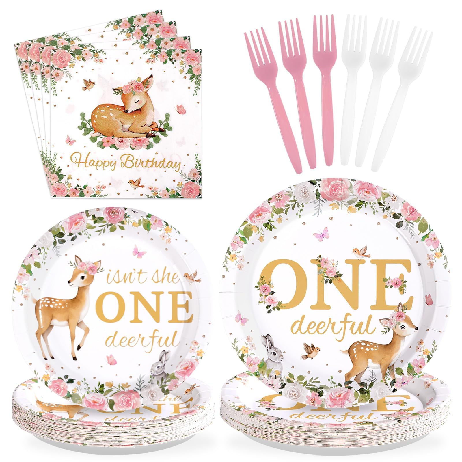 96Pcs Pink Deer Girl 1st Birthday Party Supplies Isn't She Onedeerful Plates and Napkins Pink Floral Deer Tableware Set for One Year Girl Floral 1st Birthday Baby Shower Party Supplies，Serves 24