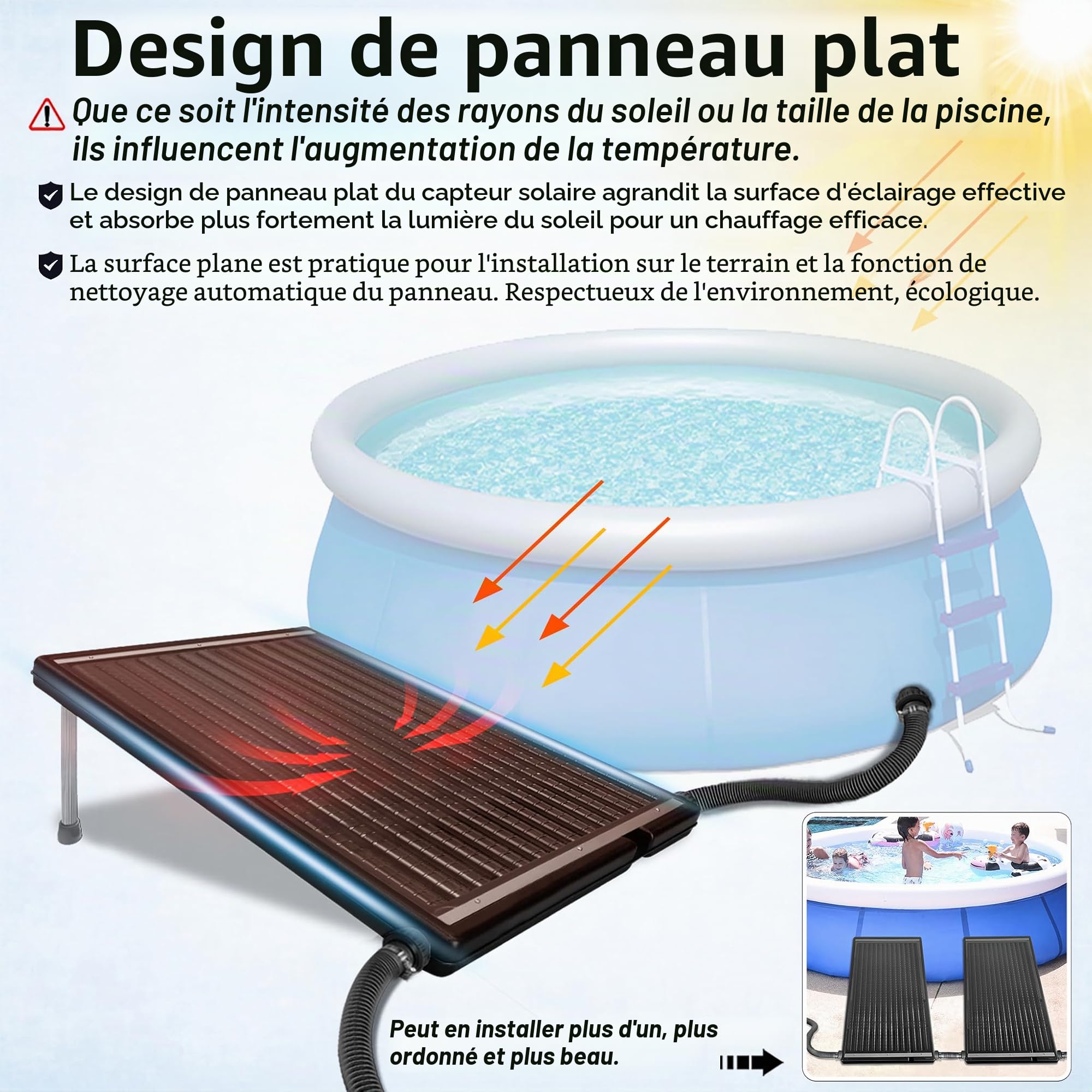 NAIZY Chauffage solaire de piscine - Panneau solaire - 111 x 66 x 6 cm - Système d'eau chaude avec barre de support et raccord de 5 cm de diamètre - Chauffage solaire pour piscines extérieures