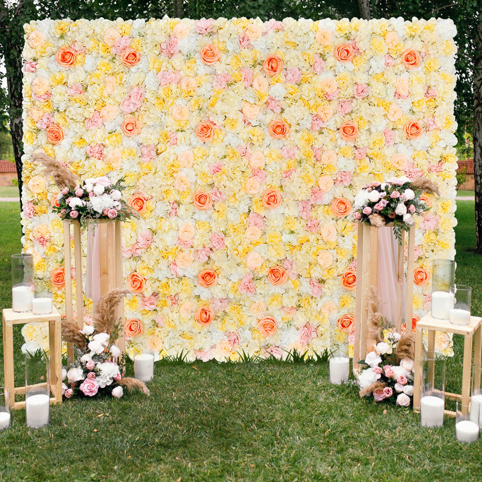 Floral Wall Backdrop Panels 5ftx3.74ft Yellow Pink Artificial Wedding Flower Wall Backdrop for Bridal Shower Birthday Party Decor