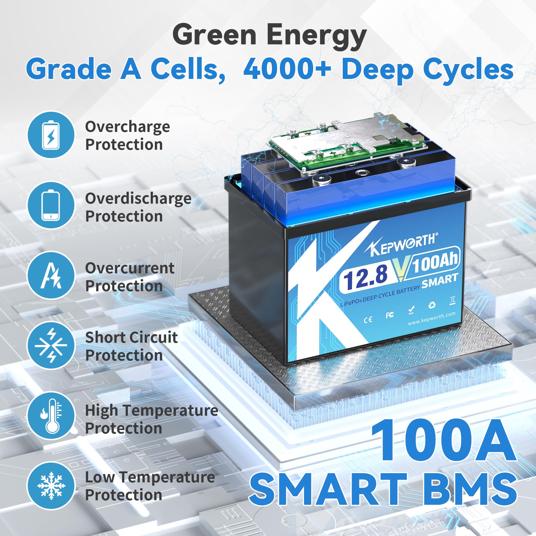 KEPWORTH LiFePO4 100Ah 12,8V Bluetooth-Batterie – 100A BMS, 4000-15000 Zyklen, Ersatz Für Blei-Säure, Für Wohnmobil & Solar