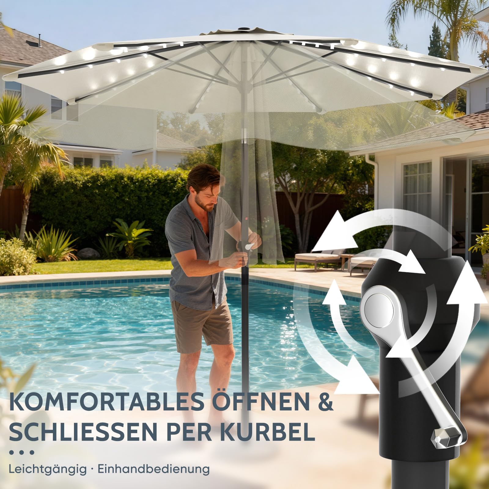 Huracan Sonnenschirm mit LED solar Ø300cm, Gartenschirm ohne Ständer, Balkonschirm Strandschirm UV-Schutz Polyester Wasserabweisend und Schmutzabweisend, Groß Marktschirm für Balkon Terrasse, Creme