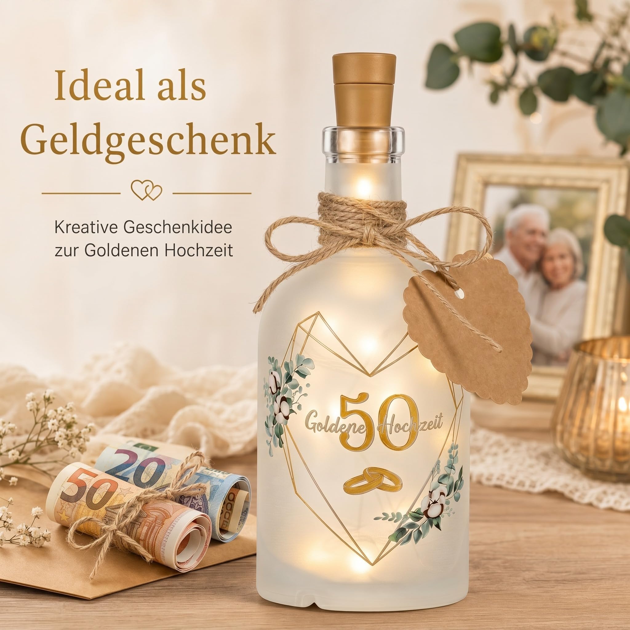 BBTO LED Flaschenlicht mit Spruch Goldene Hochzeit, Geldgeschenke Verpackung 50 Hochzeitstag Beleuchtete Dekoflasche, Hochzeitsgeschenk Jahrestag Geschenk für Eltern Paare Silberhochzeit Jubiläum