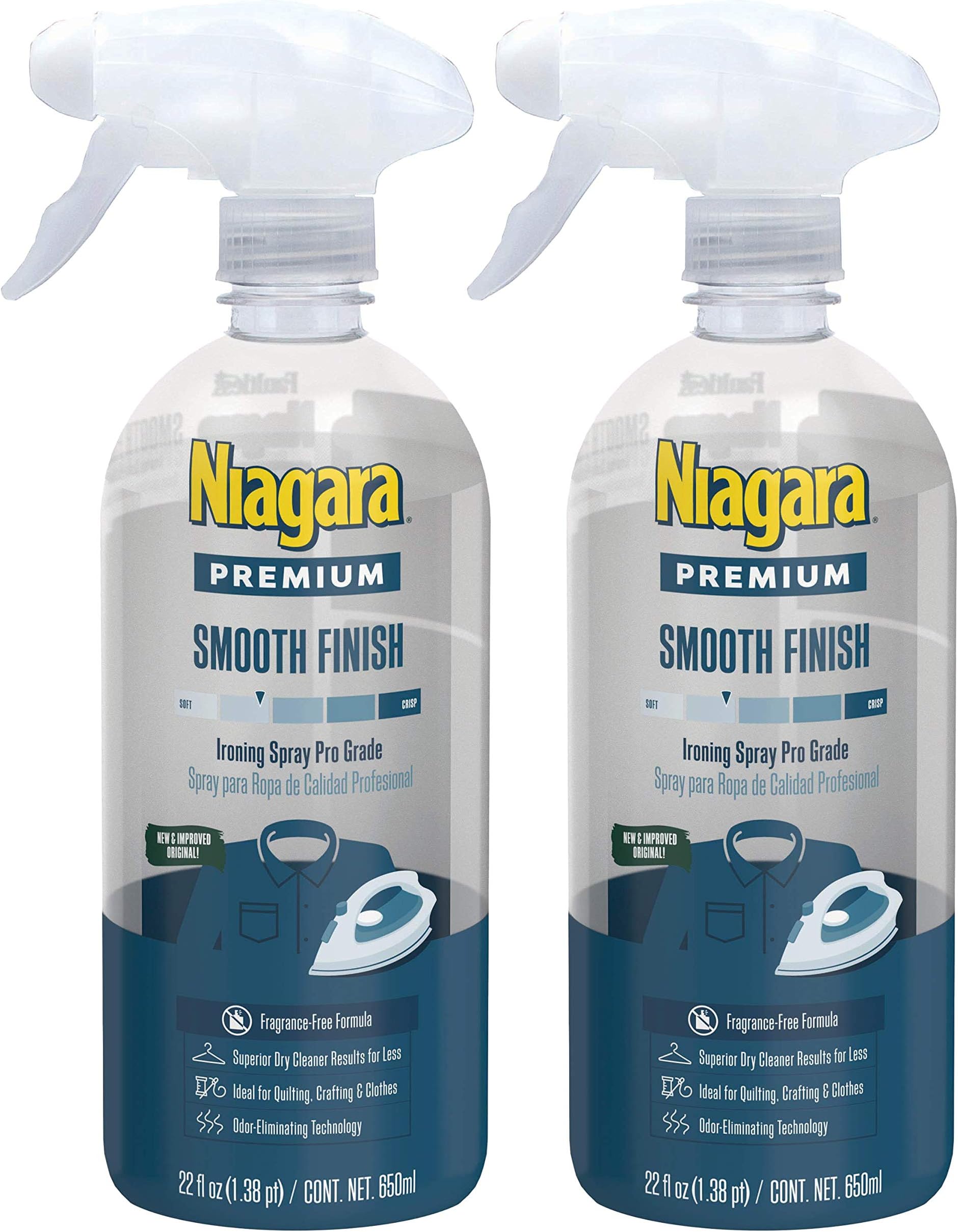 Niagara Spray Starch (22 Oz, 2 Pack) Trigger Pump Liquid Starch for Ironing, Non-Aerosol Spray on Starch, Reduces Ironing Time, No Flaking, Sticking or Clogging, Biodegradable Ingredients, Recyclable