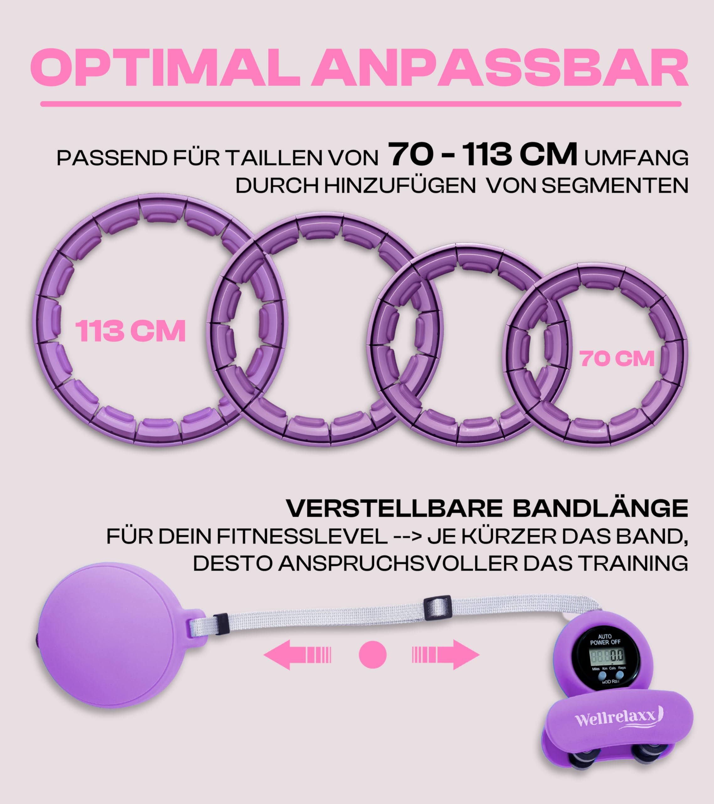 Wellrelaxx Smart Hula Hoop leise mit Zähler | Hula Hoop mit Gewicht Kugel | Hullahub Reifen zum Abnehmen | Hoola inklusive Bauchweggürtel | Umfang 70-110cm