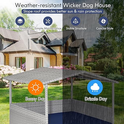 Miniatura 7 de Tangkula Casa de mimbre para perros, cama elevada de ratán para interiores y exteriores con cojín extraíble, funda lavable, techo impermeable,