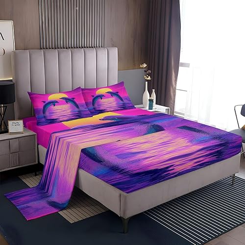 Miniatura 2 de Juego de sábanas de 4 piezas para cama de agua de mar morada, diseño de delfín, estilo Synthwave, para niños, decoración de habitación, sábana