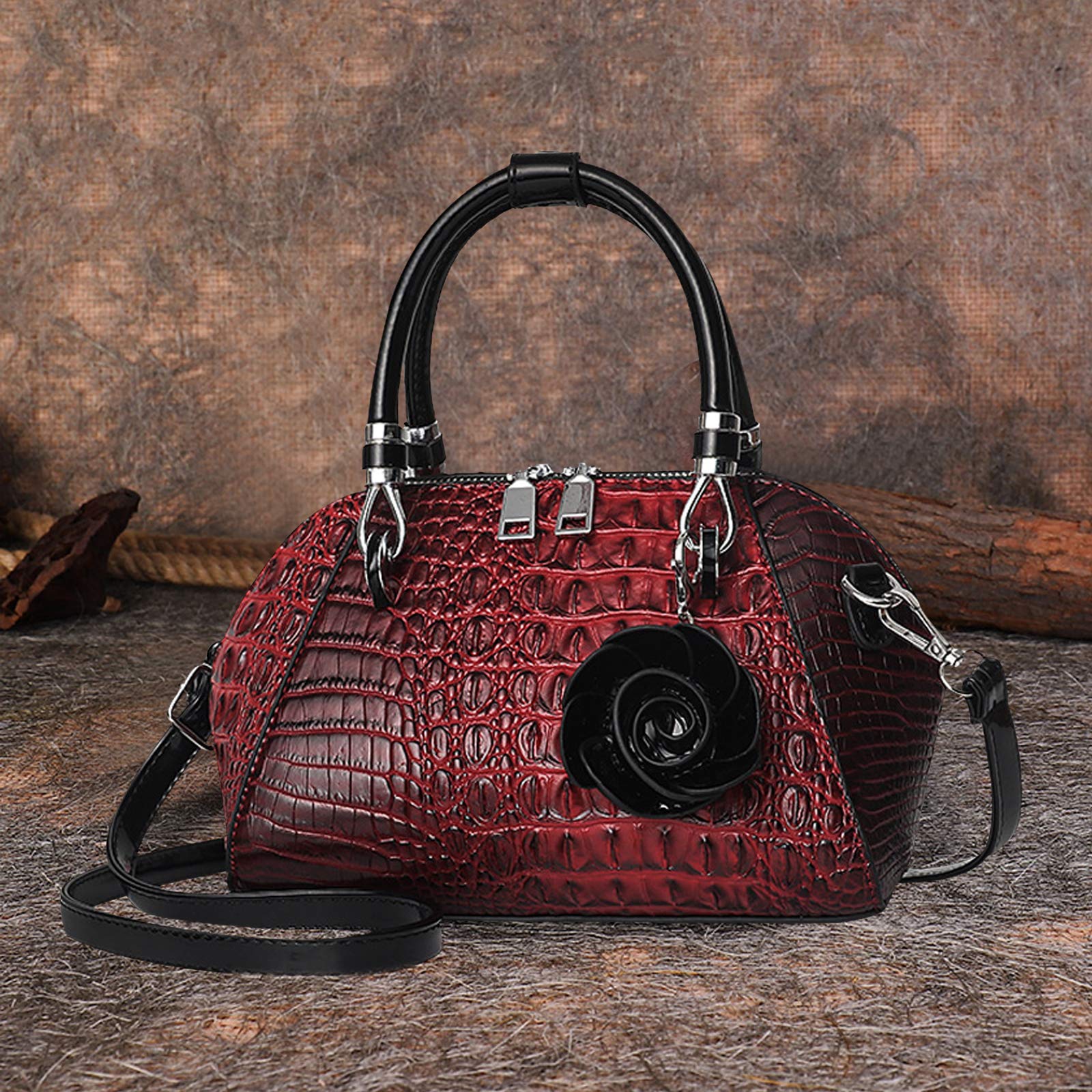 NICOLE & DORIS Bolsos de Mujer Bolsos de Hombro Retro Bolso Bandolera con Dos Cremalleras Bolso de Cuero PU Bolso con Colgante de Pétalo Rojo