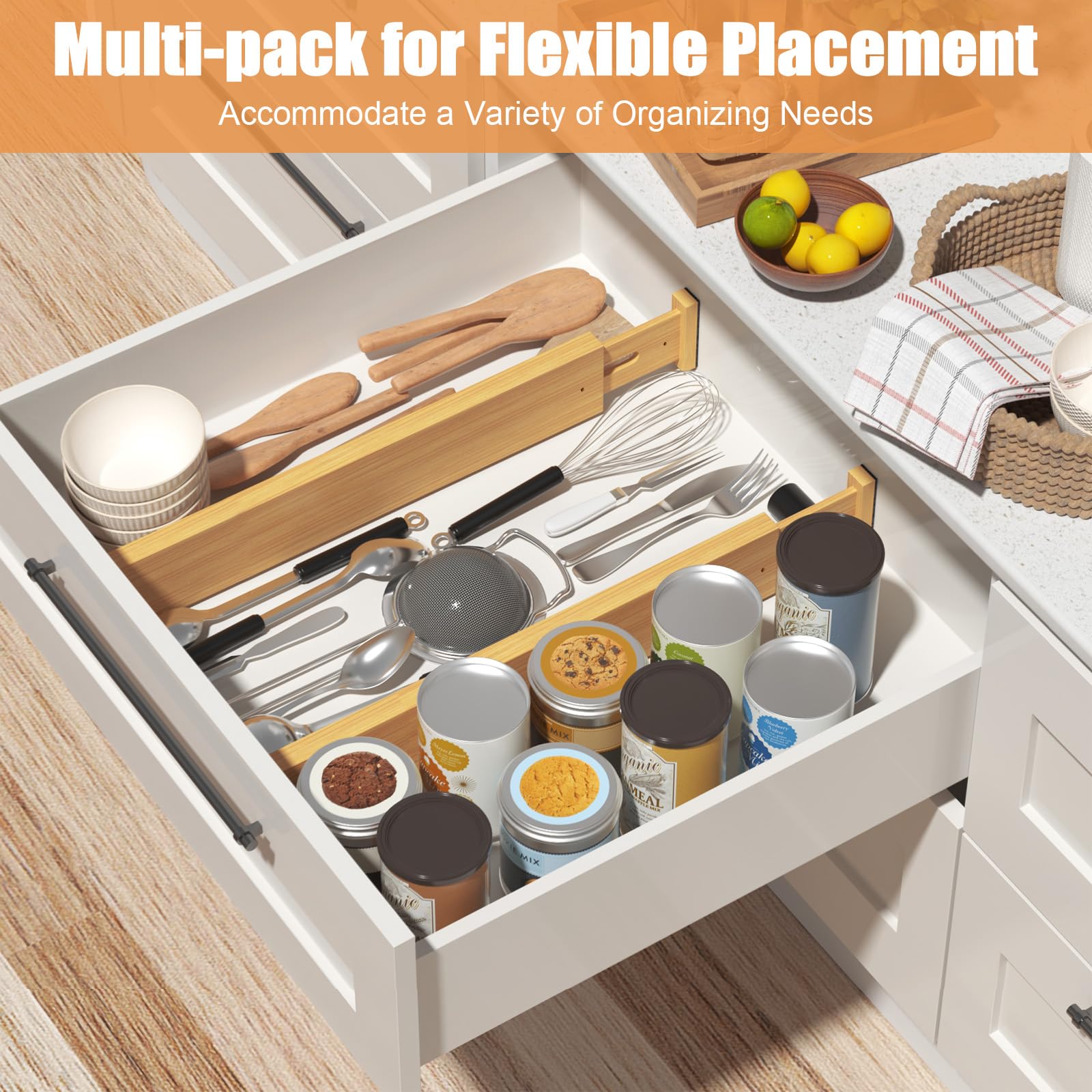Divisori per cassetti in bambù, regolabili da 43,2 a 56 cm, organizer per cassetti da cucina, per vestiti, confezione da 8 separatori espandibili per organizzare i cassetti, per camera da