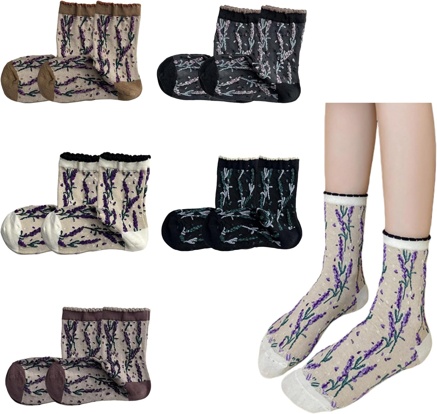 5 Pairs Women's Vintage Patterned Crew Socks, Vintage Floral Design Cotton Socks for Daily Wear - Image 1 of 7