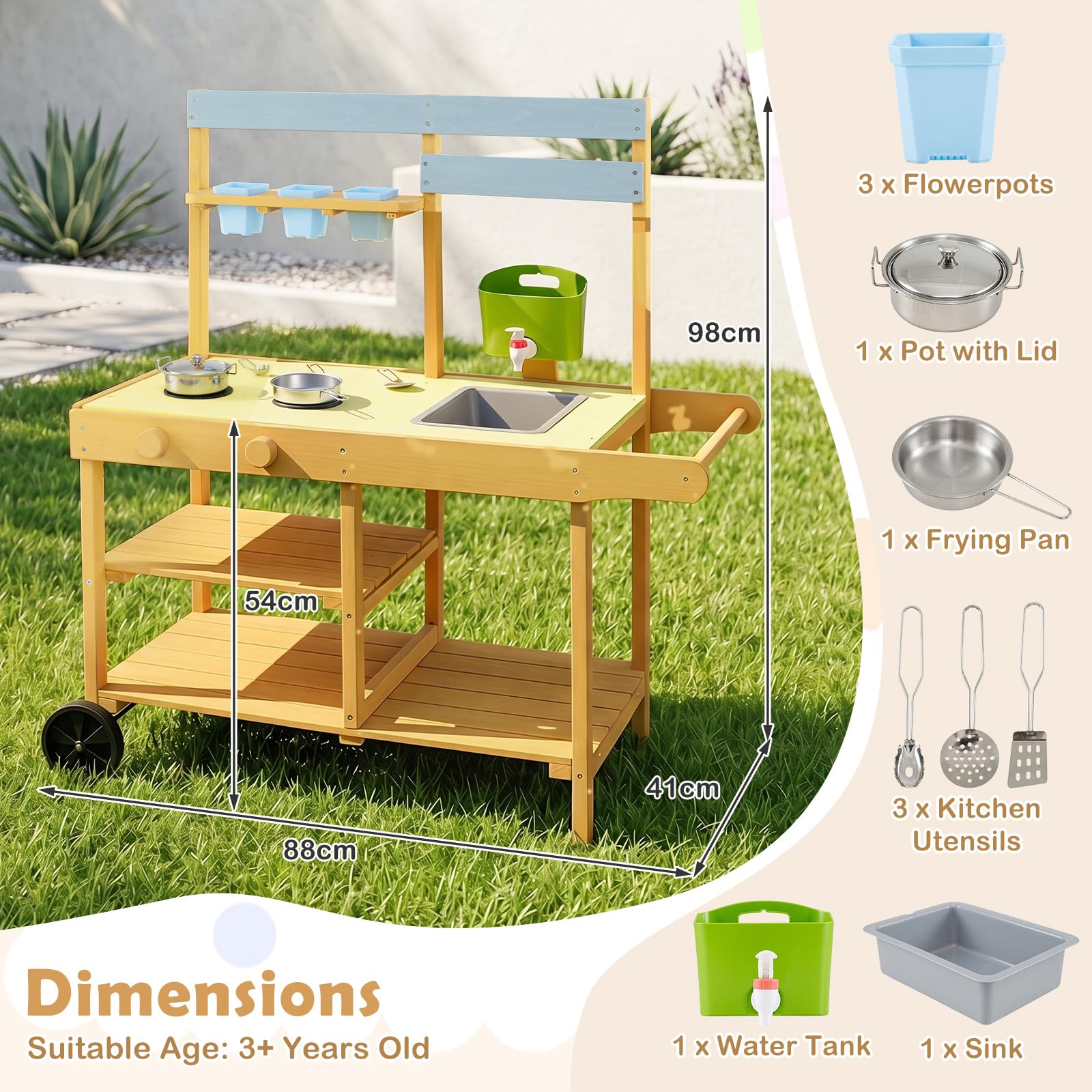 COSTWAY Matschküche Kinder Outdoor, Spielküche mit Wassertank & Wasserhahn | Kinderküche mit Rädern, Spüle, 3 Blumentöpfen, Herd & Kochzubehör, Gartenspielküche für Kinder ab 3 Jahren