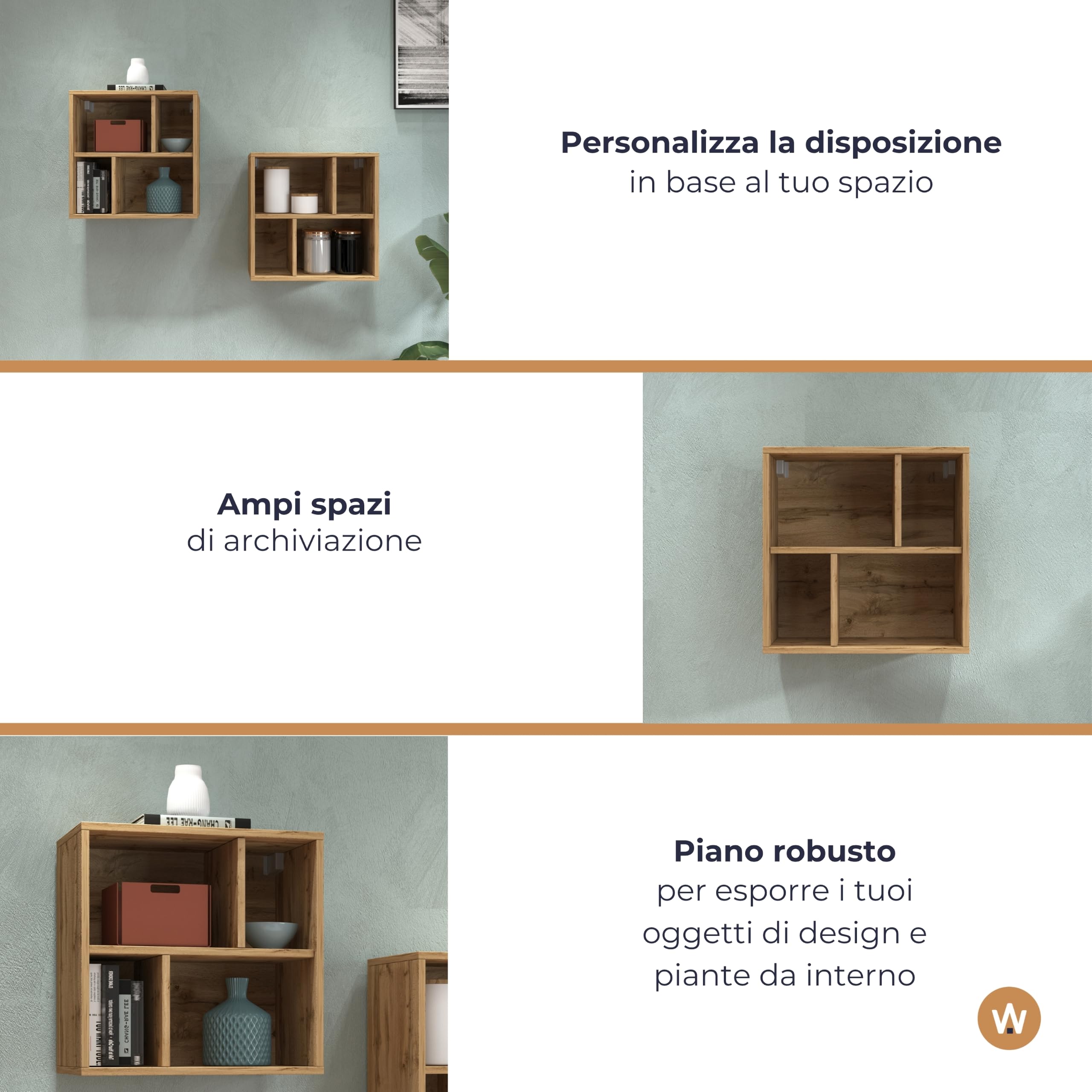 WHOUS Pensile a Cubo CHRONOS per Soggiorno con 4 Vani, Pensile a Giorno e Libreria Multiuso per Salotto, 50x35x50 cm, Rovere