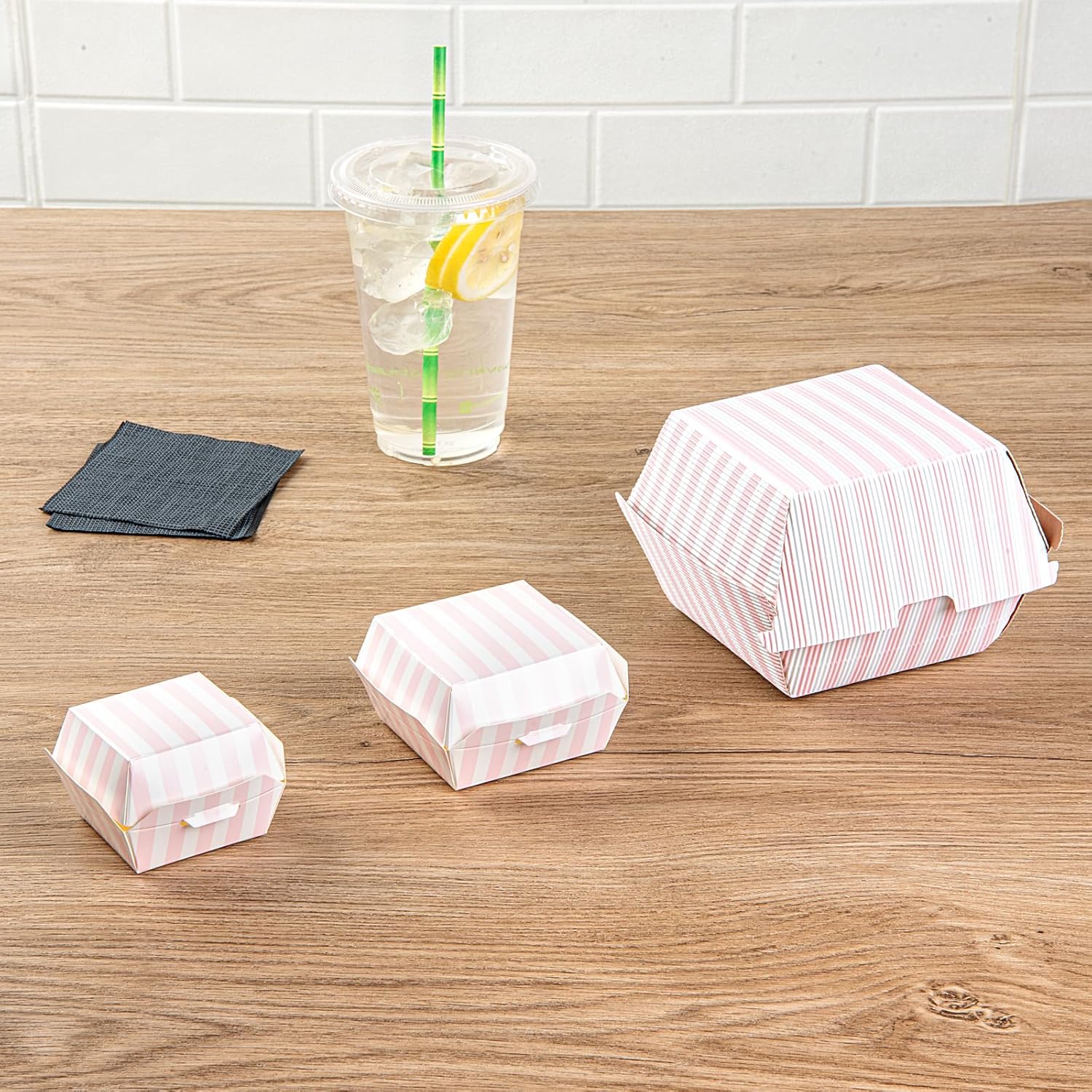 Restaurantware 4 x 4 x 3.8 Inch Burger Boxes 100 Clamshell Food Containers - Hinged Lid Disposable Pink And White Paper Take Out Boxes Ripple Wall Technology Serve Sliders or Finger Foods