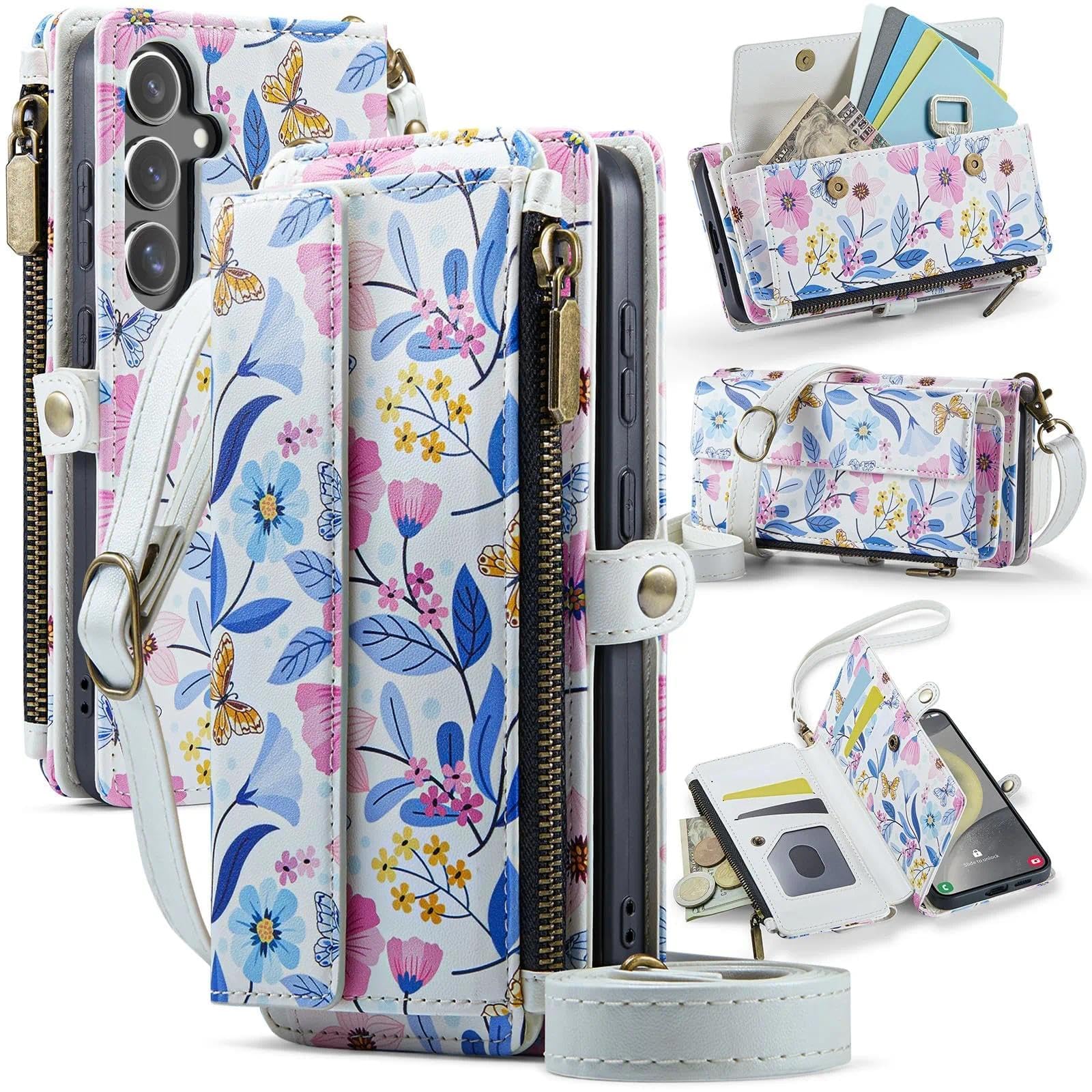 Custodia a portafoglio per Samsung Galaxy S26 Plus con blocco RFID, disegno colorato, in pelle PU, chiusura magnetica, chiusura a cerniera, custodia per telefono adatta per Galaxy S26+, fiori