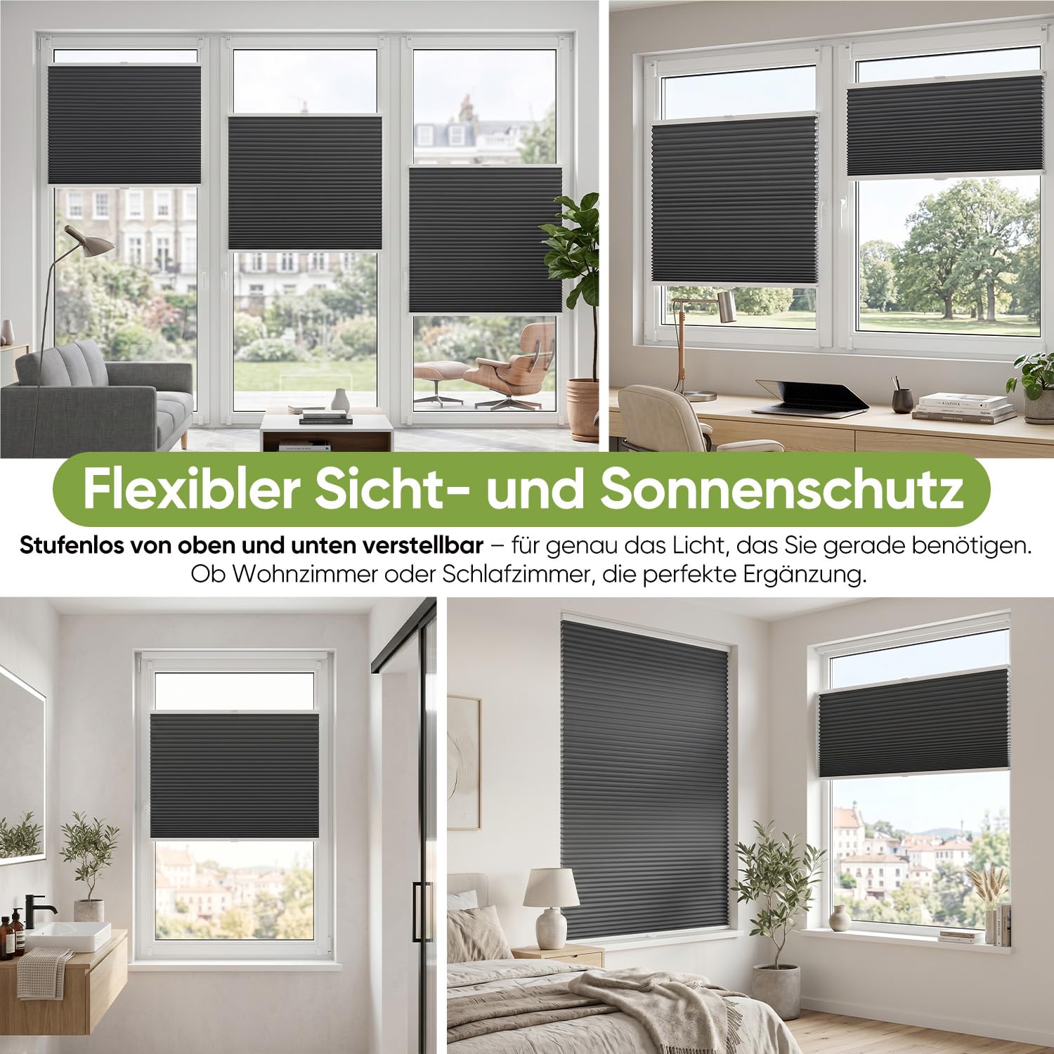 SALCAR Wabenplissee ohne Bohren Verdunkelung, Thermo Doppelplissee Klemmfix Up & Down, Hitze- & Schallschutz Plissee Faltrollo für Fenster und Türen, Zweifarbig (Weiß/Anthrazit), B 100 x H 120 cm