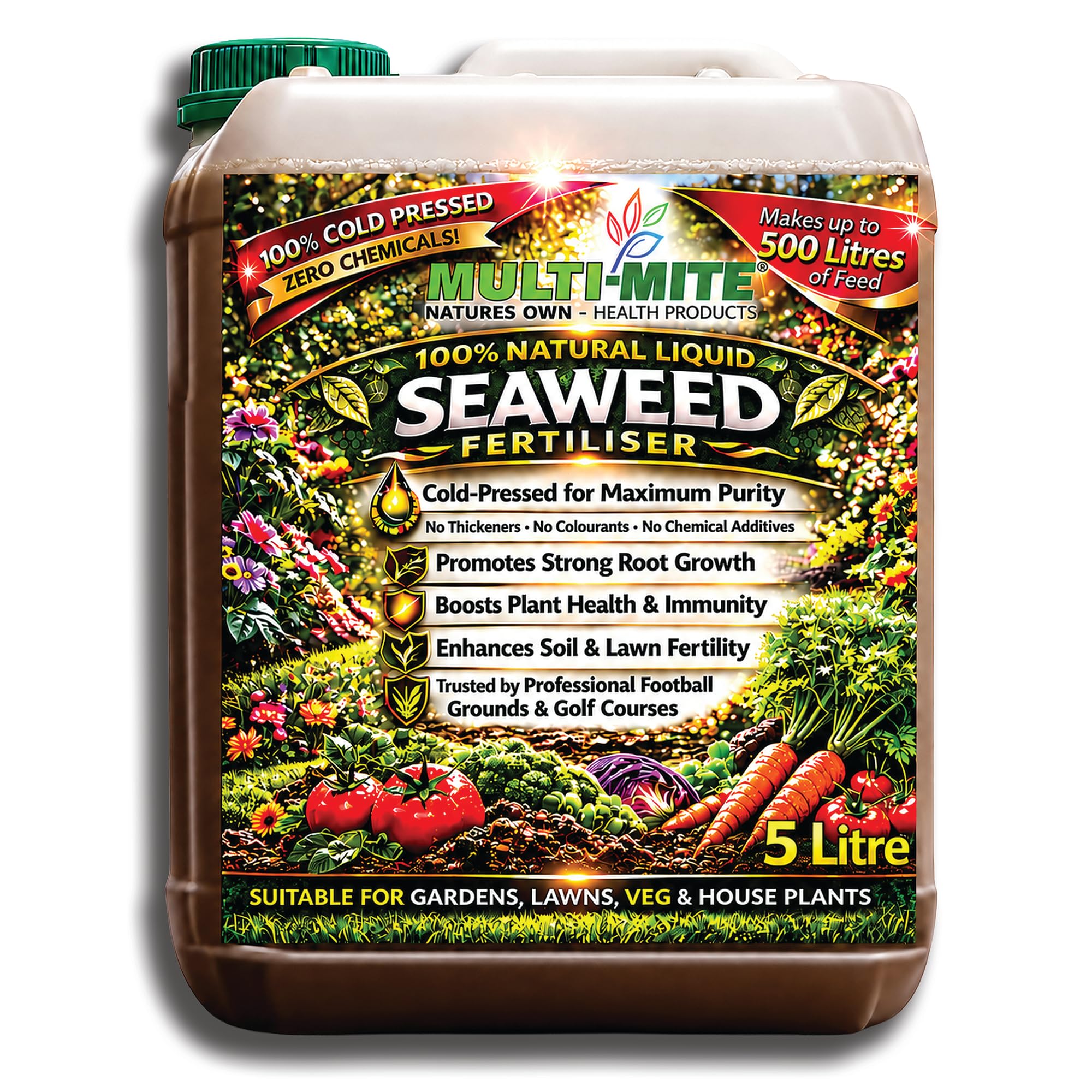 MULTI-MITE 100% Natural Liquid Seaweed Fertiliser 5 Litre Plant Feed Concentrate Biostimulant for Gardens Lawns Vegetables Trees Roses Shrubs Herbs Fruit and House Plants Natural Liquid Seaweed