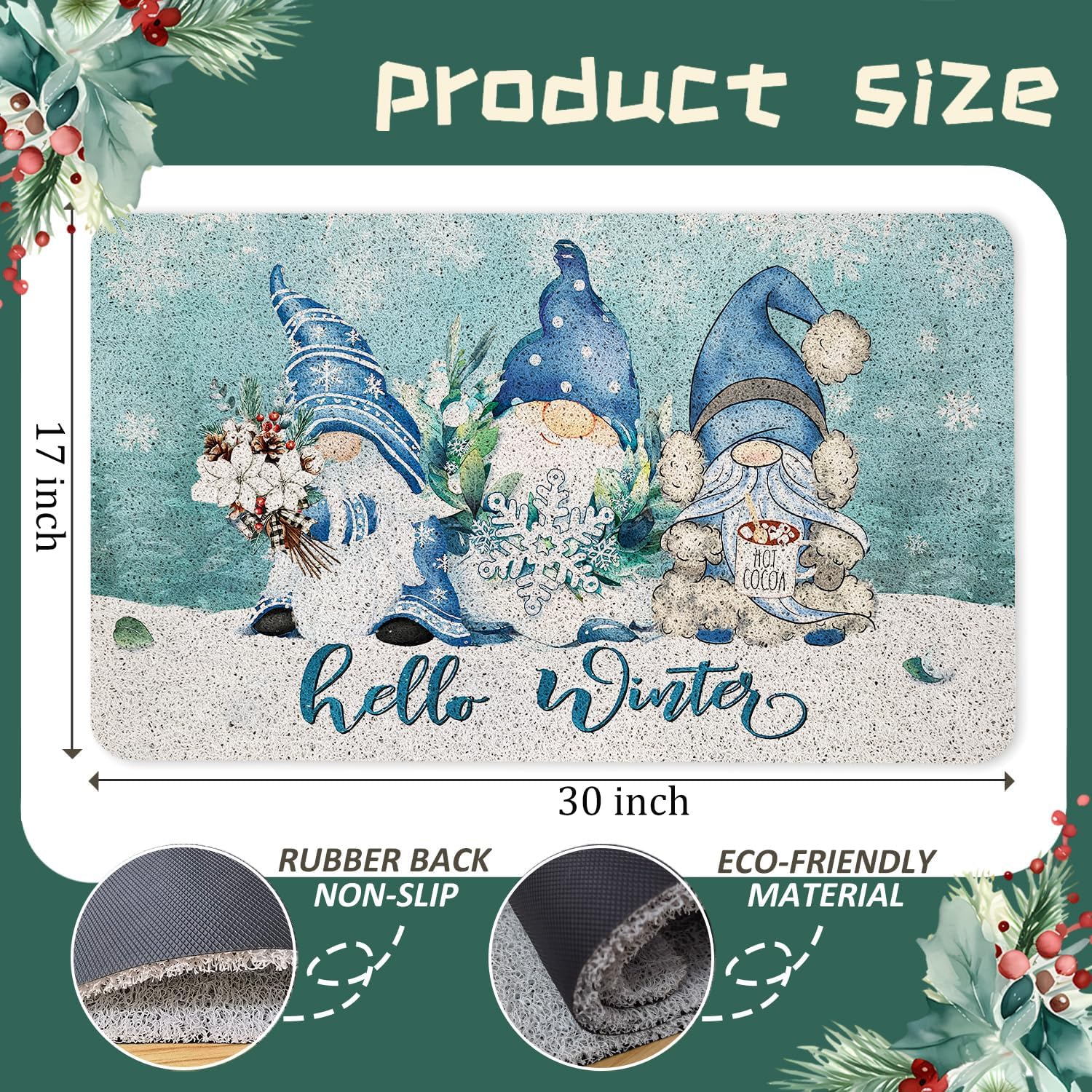 Hello Winter Christmas Gnome Door Mat, Winter Gnome Doormat for Front Door Indoor Outdoor Entrance Porch, Blue Christmas Welcome Mat Outside, Xmas Holiday Bath Mats, 17x30 Inches