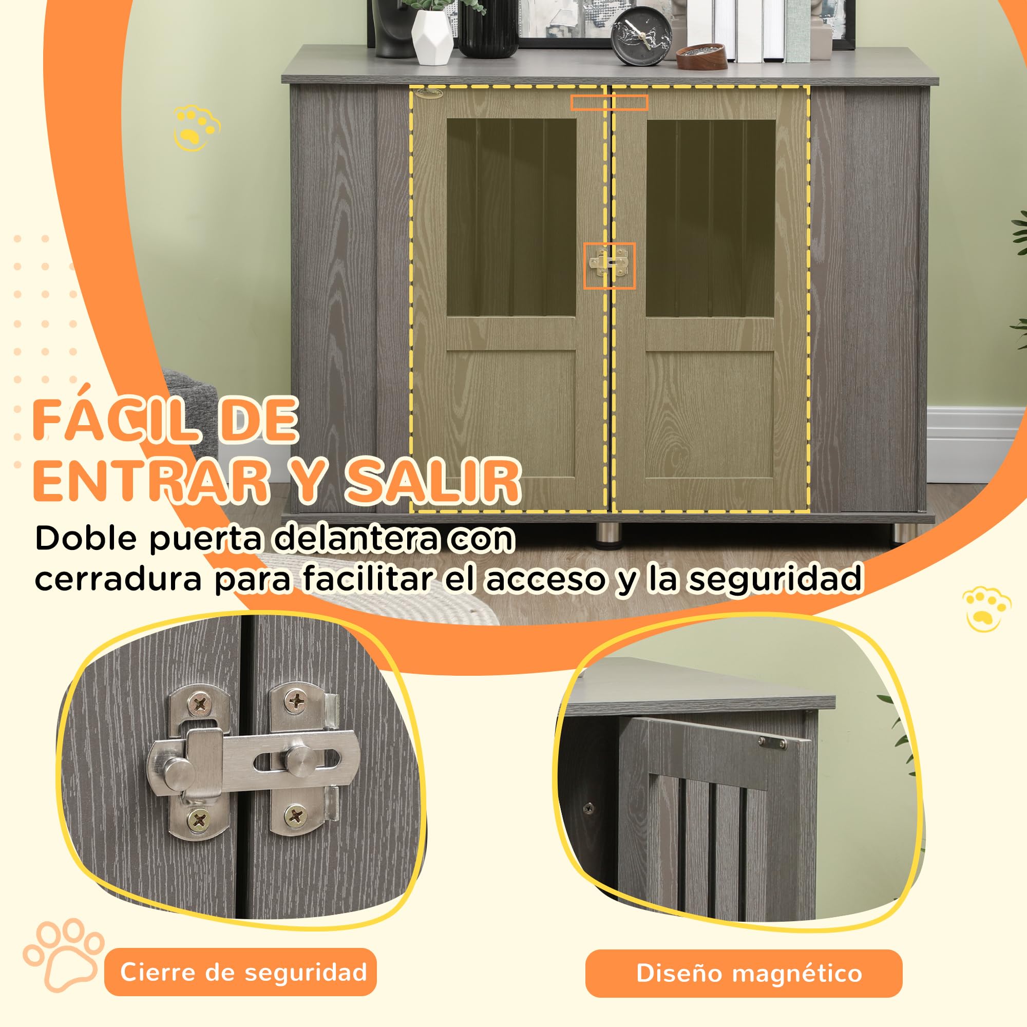 PawHut Jaula para Perros Grandes Desmontable 2 en 1 Mesa Auxiliar con 2 Puertas con Pestillo 4 Ventanas y Patas Ajustables 114x60x82 cm Gris