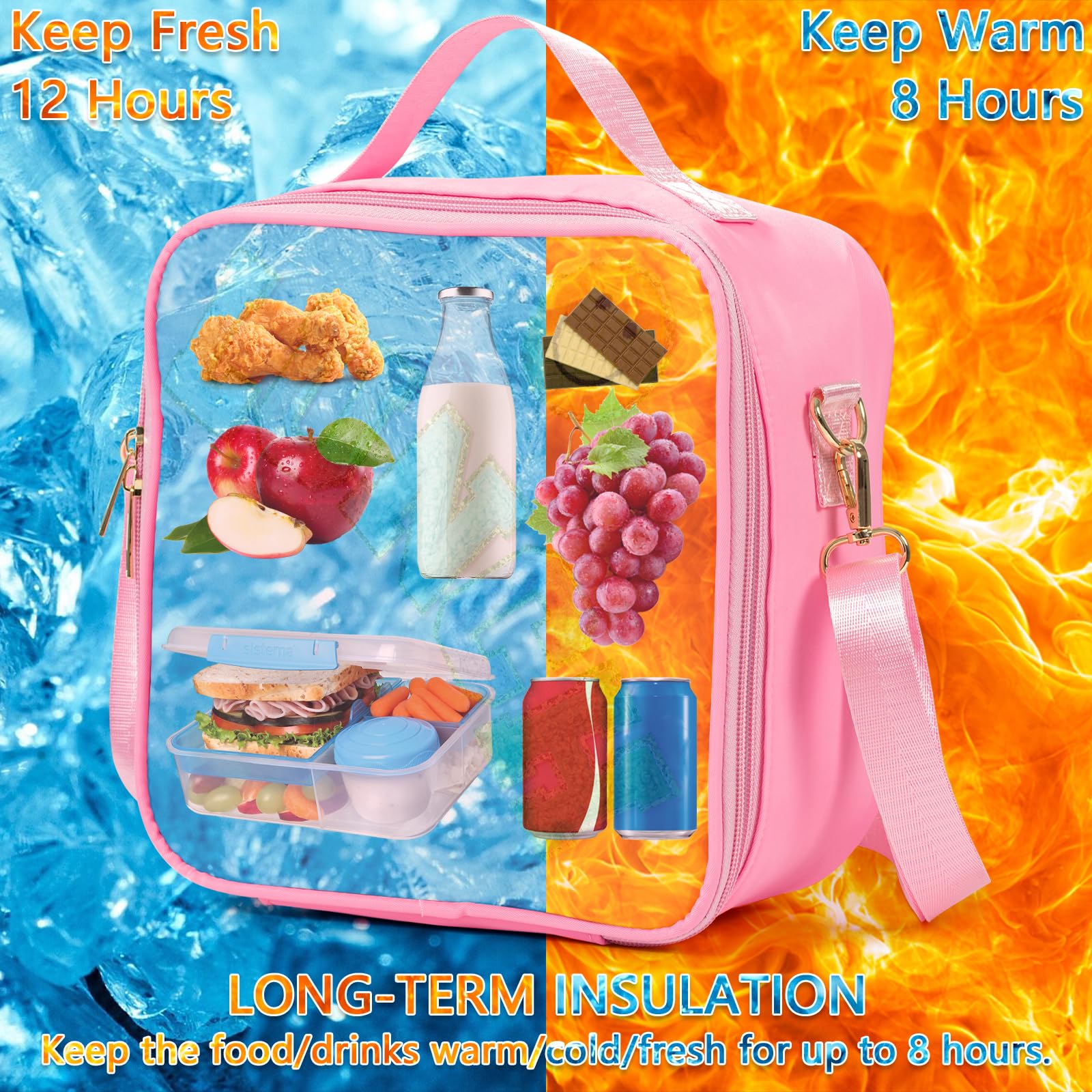 Kunoli Insulated Lunch Bag for Girls Pink Lunch Box for Women Reusable Leakproof Cooler Tote for Work Picnic, Camping (Nylon) - Image 3