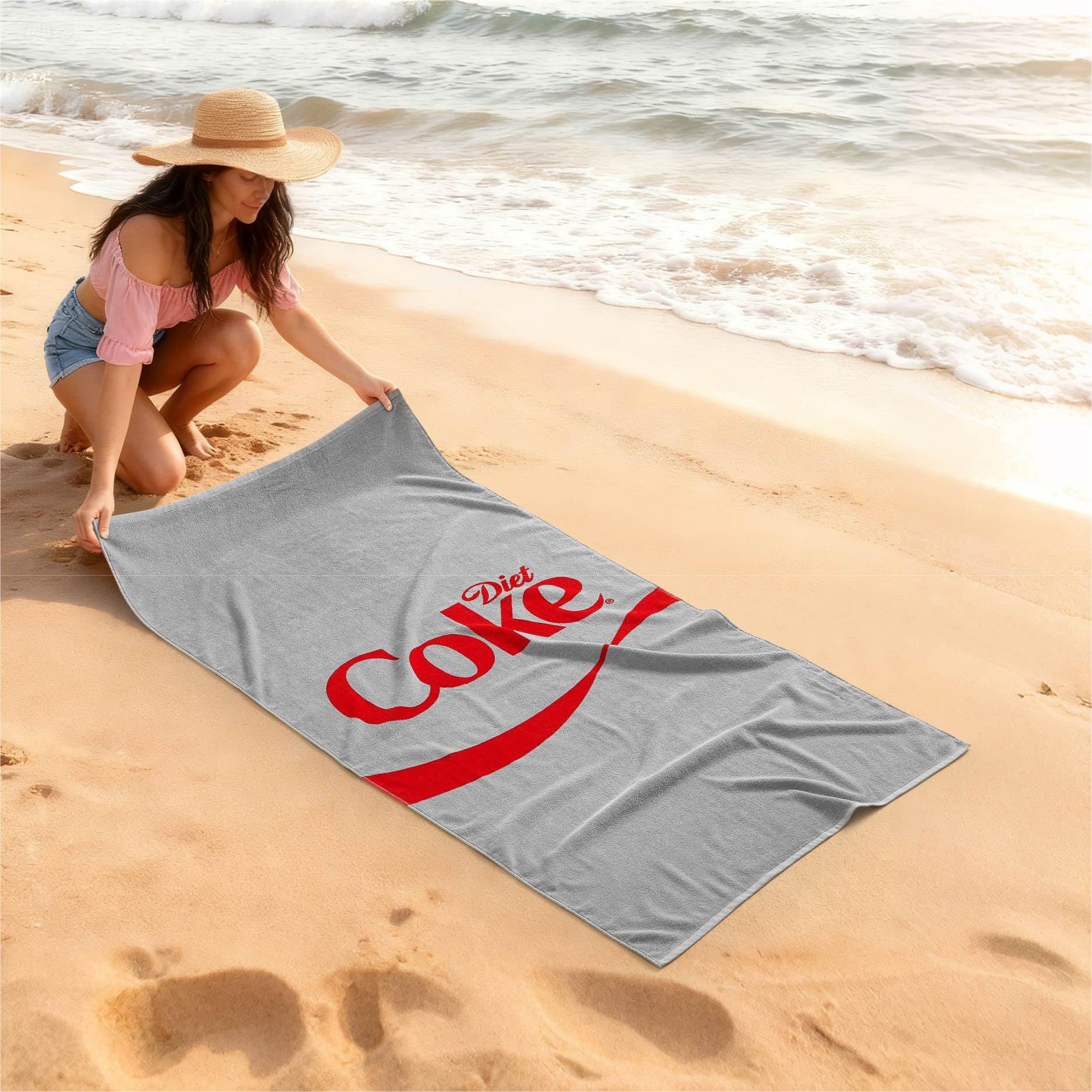 Diet Coke Logo Beach Towel,30"x60" Large Gray Bath Towel with Red Script Design, Soft Cotton Rich Pool & Beach Towel
